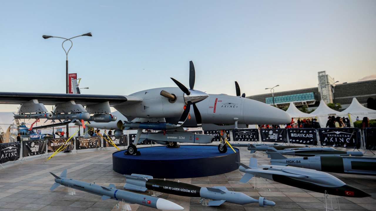 FILE PHOTO: A Bayraktar Akinci drone is exhibited at an aerospace and technology festival in Baku
