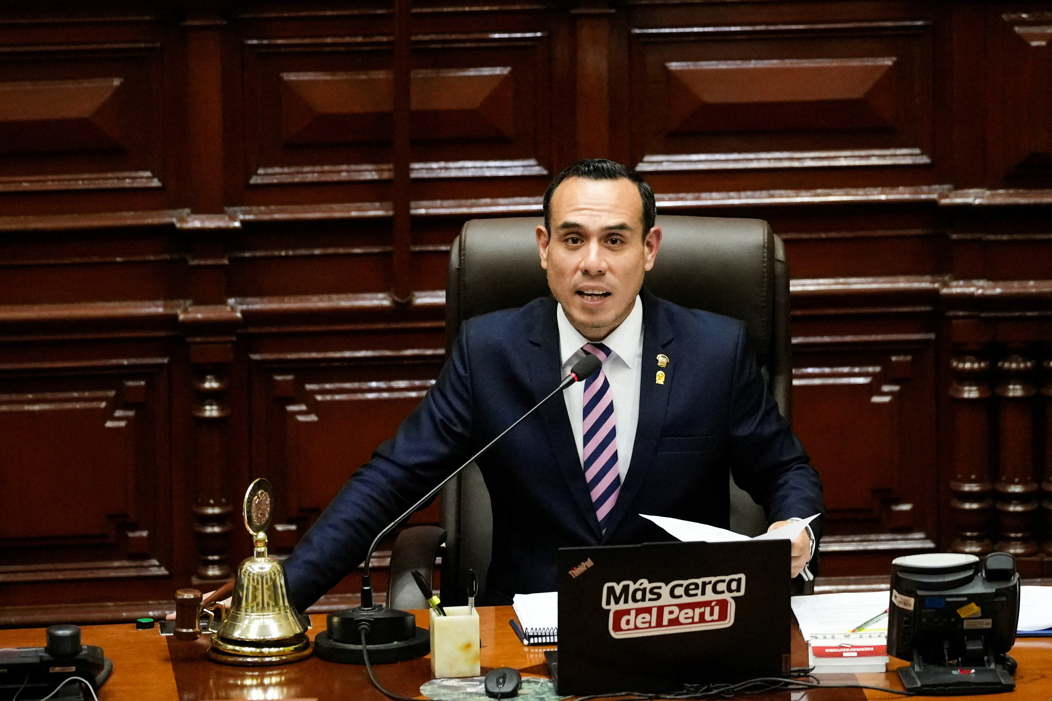 Jose Jeri, President of the Congress of the Republic of Peru, addresses the audience as opposition lawmakers present a motion to remove Peru’s President Boluarte, in Lima