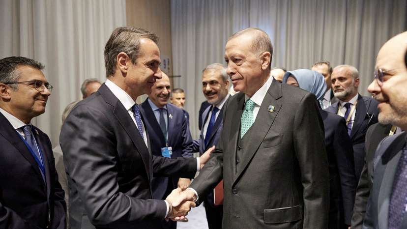 FILE PHOTO: Greece's Prime Minister Mitsotakis meets Turkey's President Erdogan during a NATO leaders summit in Vilnius