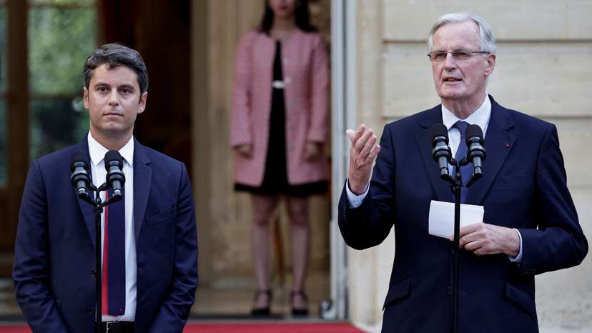 Newly appointed Prime minister Michel Barnier and Prime minister Gabriel Attal attend the handover ceremony in Paris