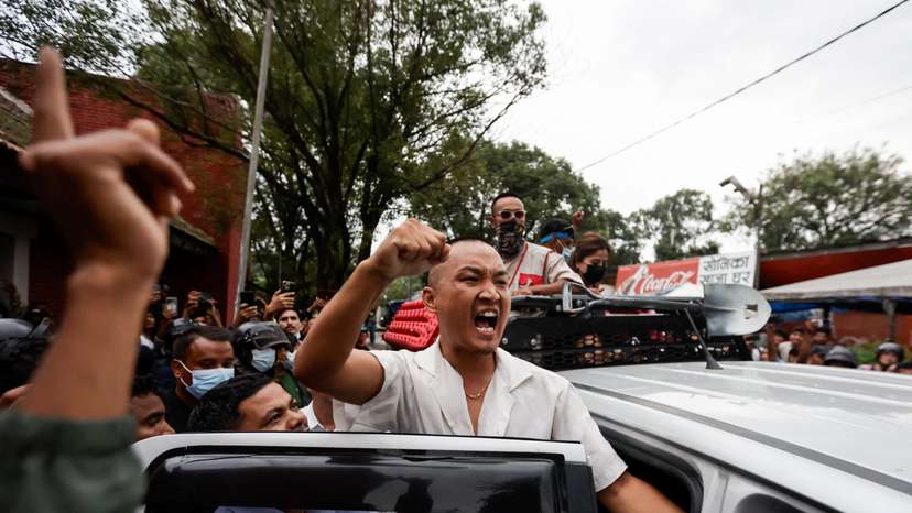 Sudan Gurung, 36, founder of Hami Nepal, shouts as he returns after a brawl during their press conference, following last week's deadly anti-corruption protests, in Kathmandu