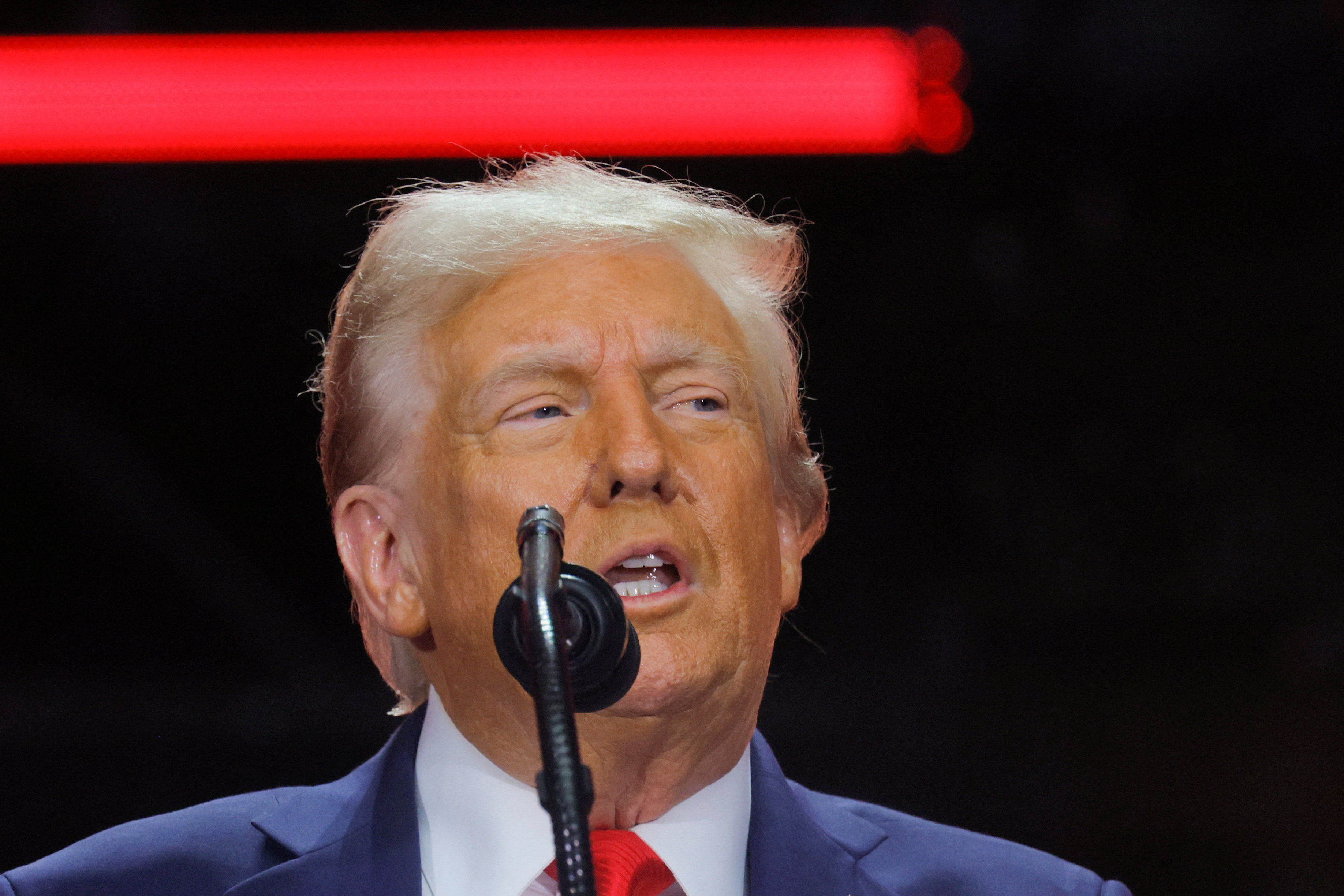 U.S. President Donald Trump speaks during a memorial service for slain conservative commentator Charlie Kirk at State Farm Stadium in Glendale, Arizona