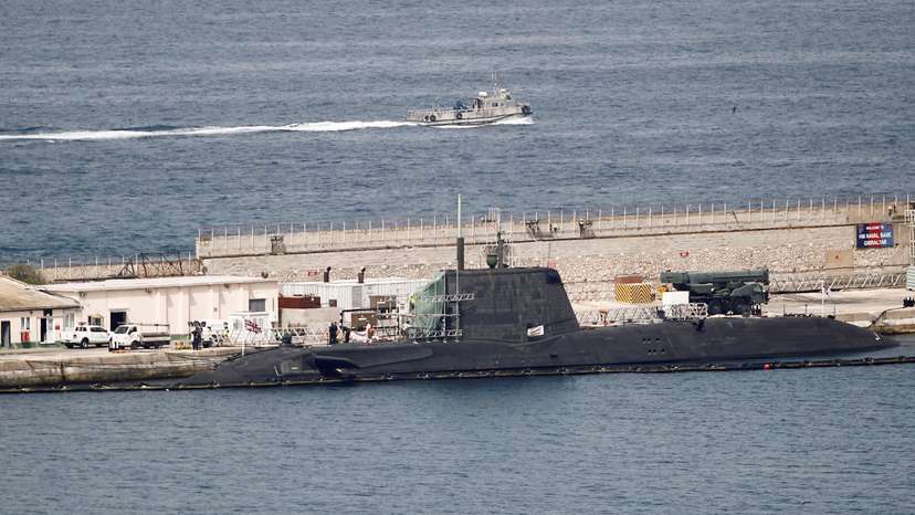 FILE PHOTO: A British nuclear Astute-class submarine HMS Ambush is seen docked in a port while it is repaired in the British overseas territory of Gibraltar