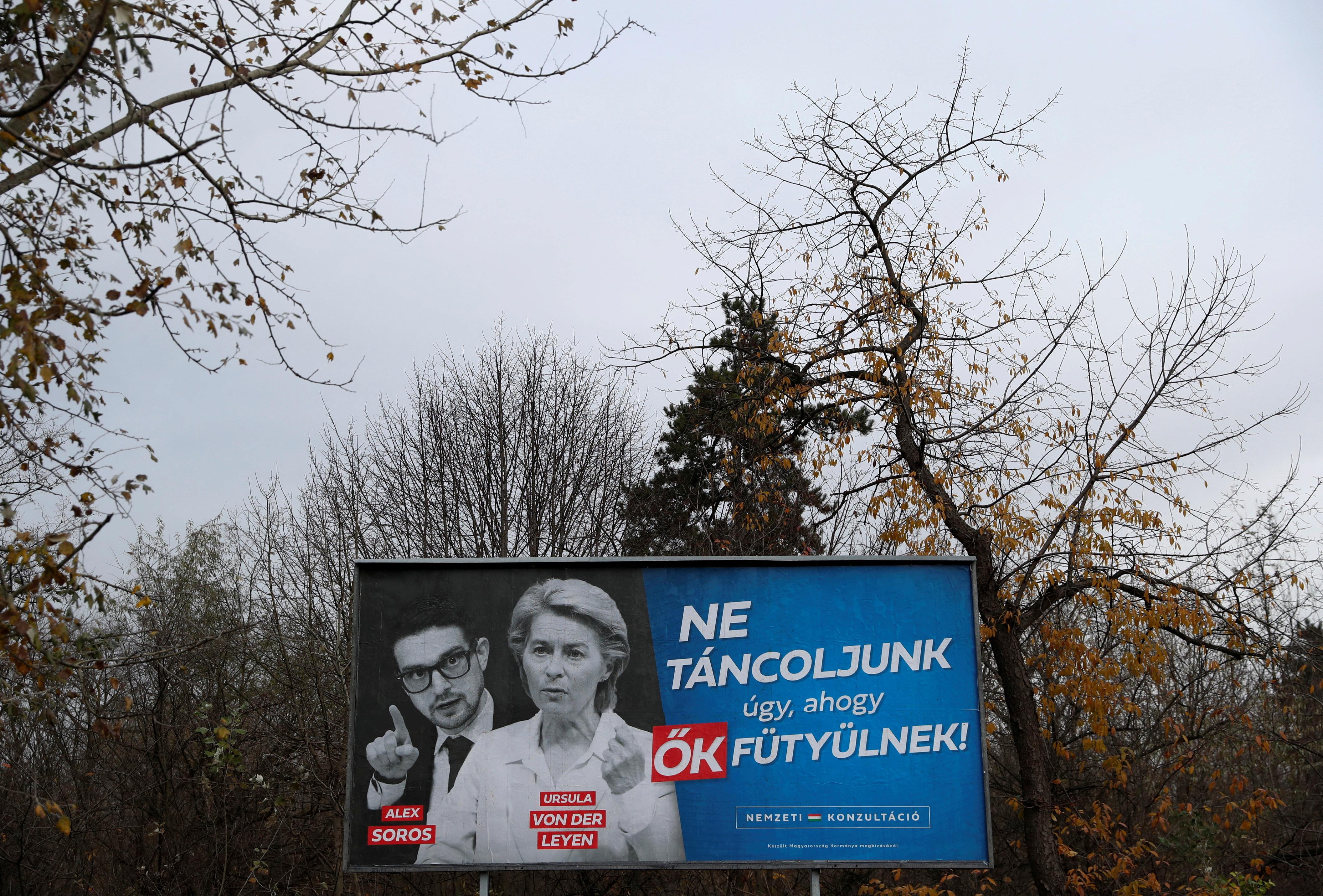 A government billboard of Soros and von der Leyen is seen in Budapest
