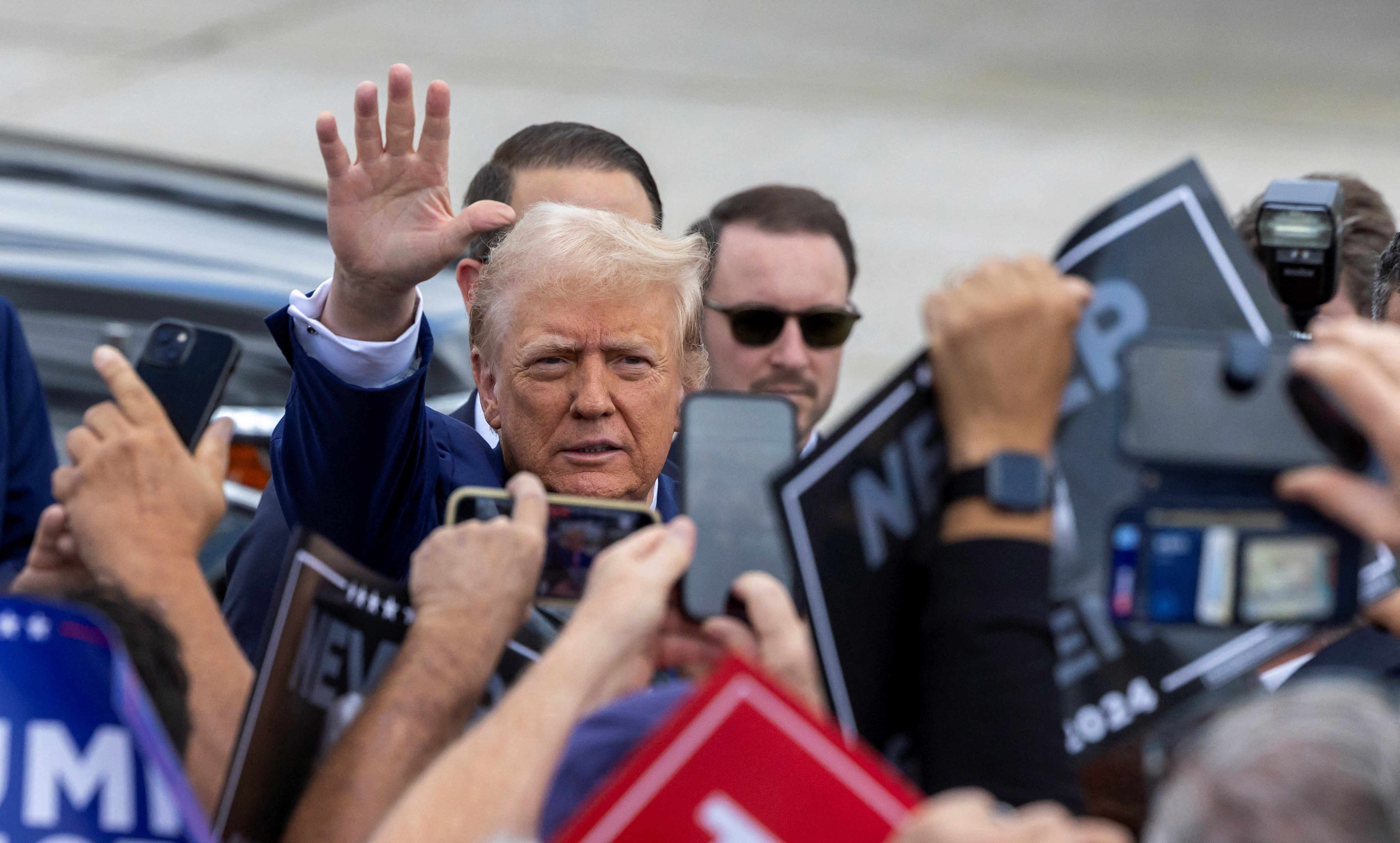 Trump arrives on "Trump Force One" at Wayne County Airport in Romulus