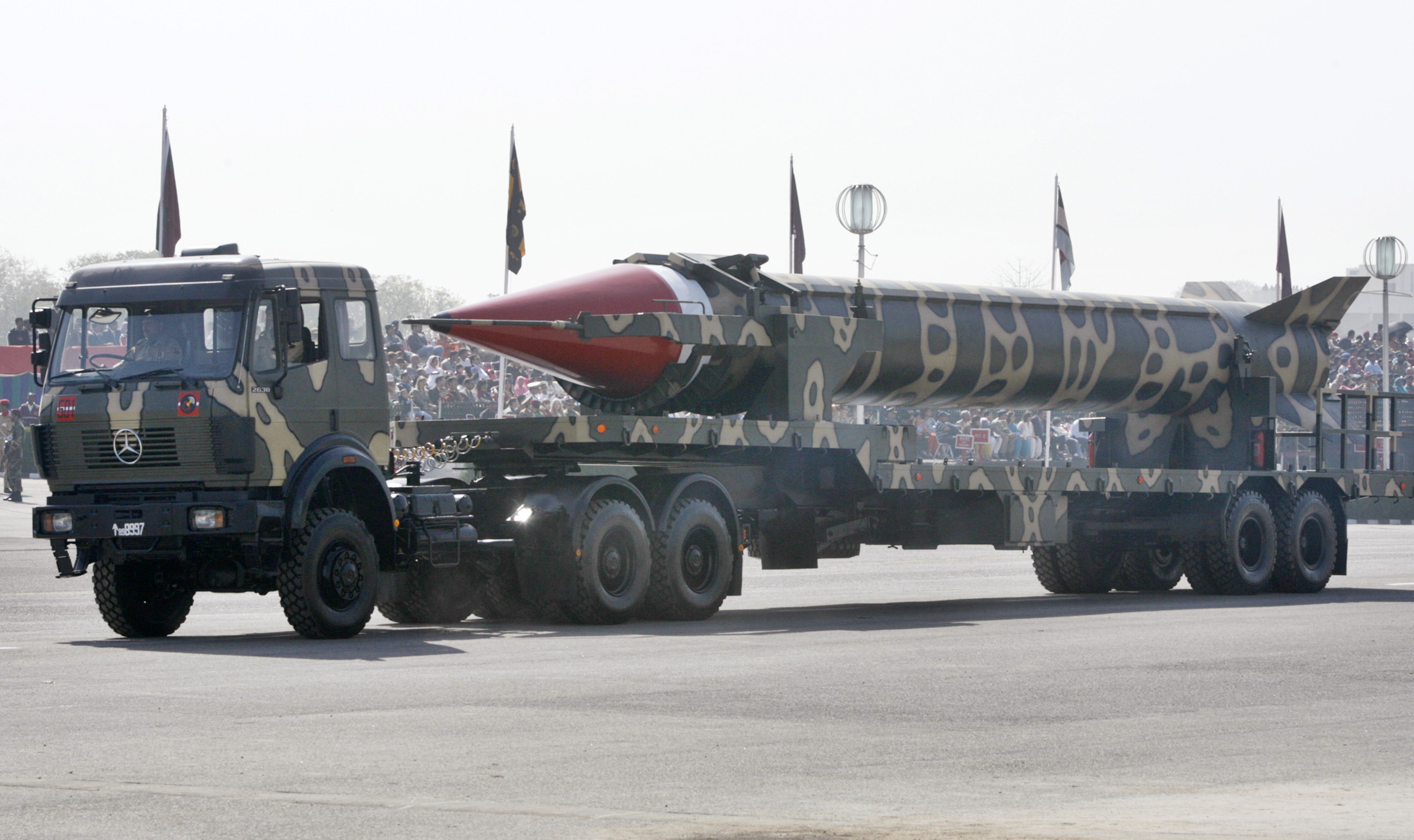 Nuclear-capable missile Ghauri is driven past with its launcher during Pakistan National Day parade in Islamabad