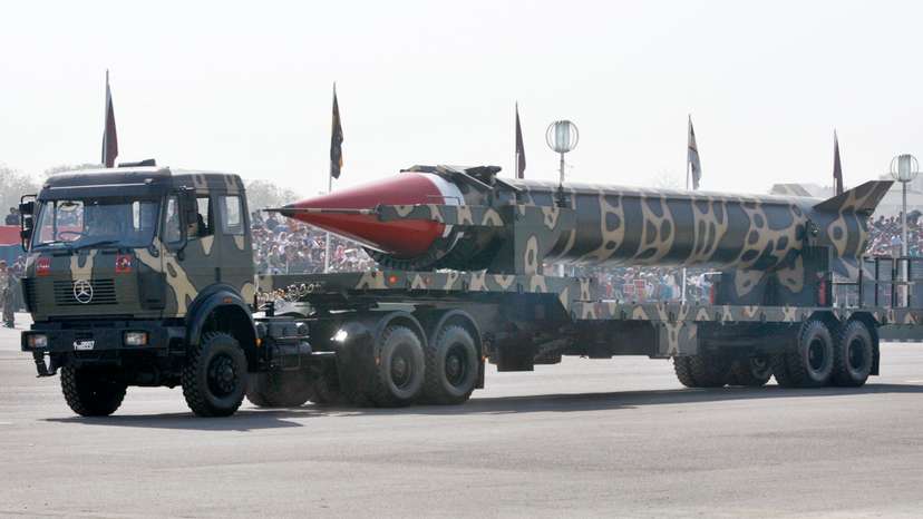 Nuclear-capable missile Ghauri is driven past with its launcher during Pakistan National Day parade in Islamabad