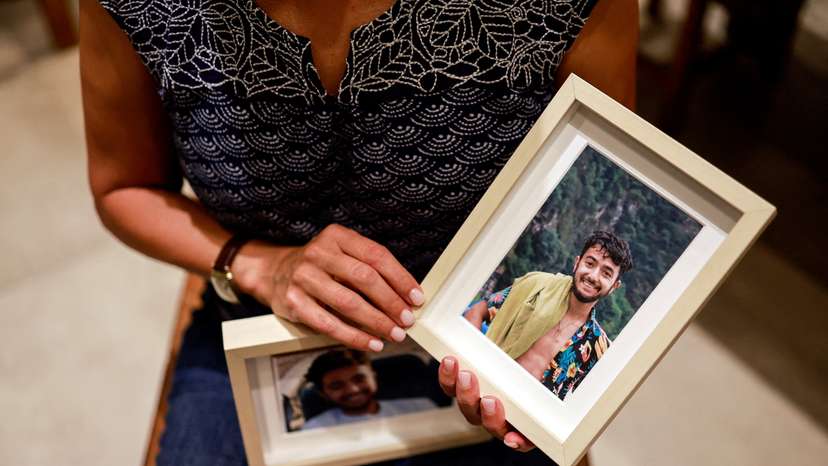 FILE PHOTO: Rachel Goldberg, U.S.-Israeli mother of Hersh Goldberg Polin, which was taken hostage by Hamas militants into the Gaza Strip holds photos of her son, in Jerusalem