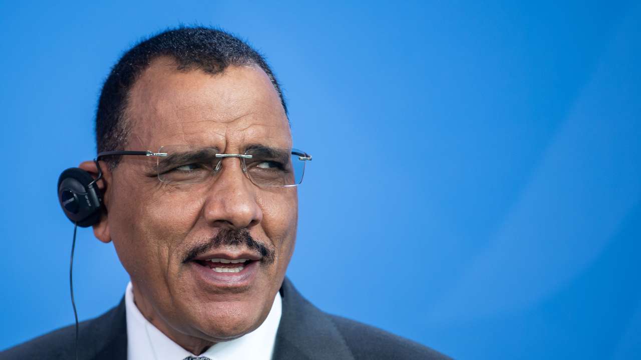 Niger's President Mohamed Bazoum gives a statement at the chancellery in Berlin