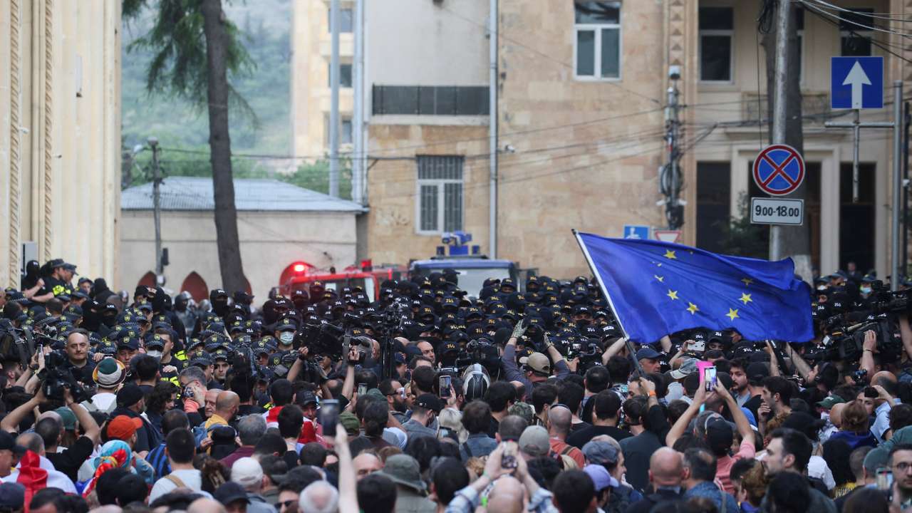Demonstrators hold a rally to protest against a bill on "foreign agents", in Tbilisi