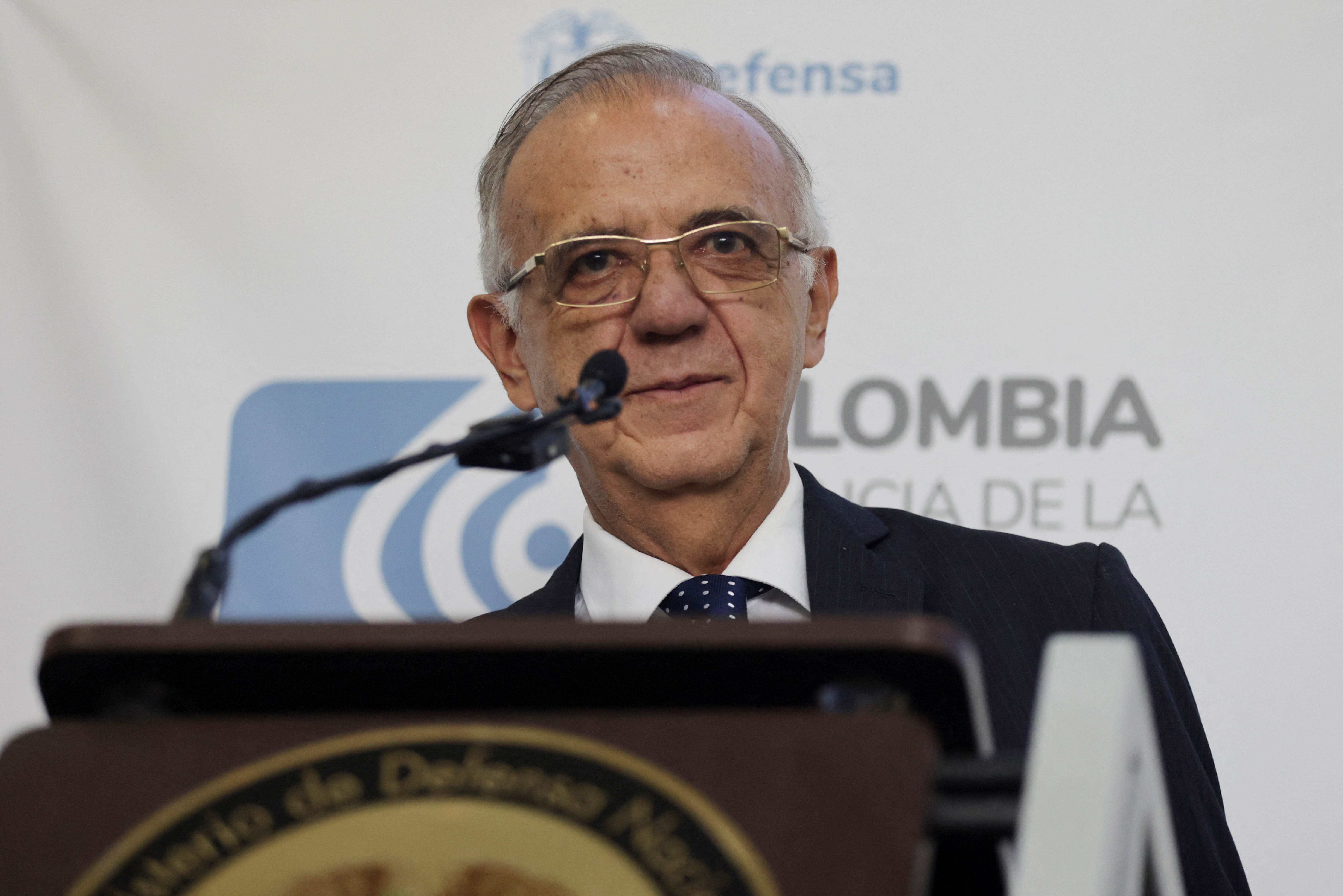 Colombian Defense Minister Ivan Velasquez reacts during a press conference at the Colombian Ministry of National Defense, in Bogota