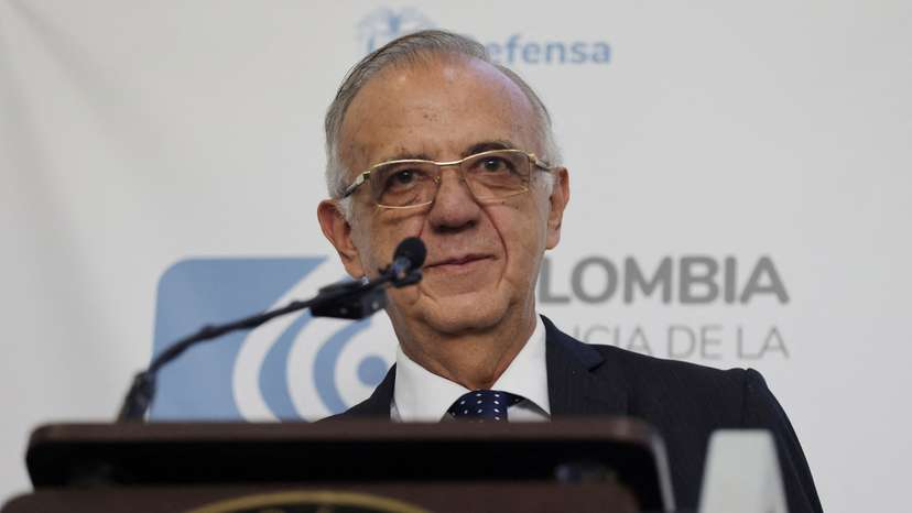 Colombian Defense Minister Ivan Velasquez reacts during a press conference at the Colombian Ministry of National Defense, in Bogota