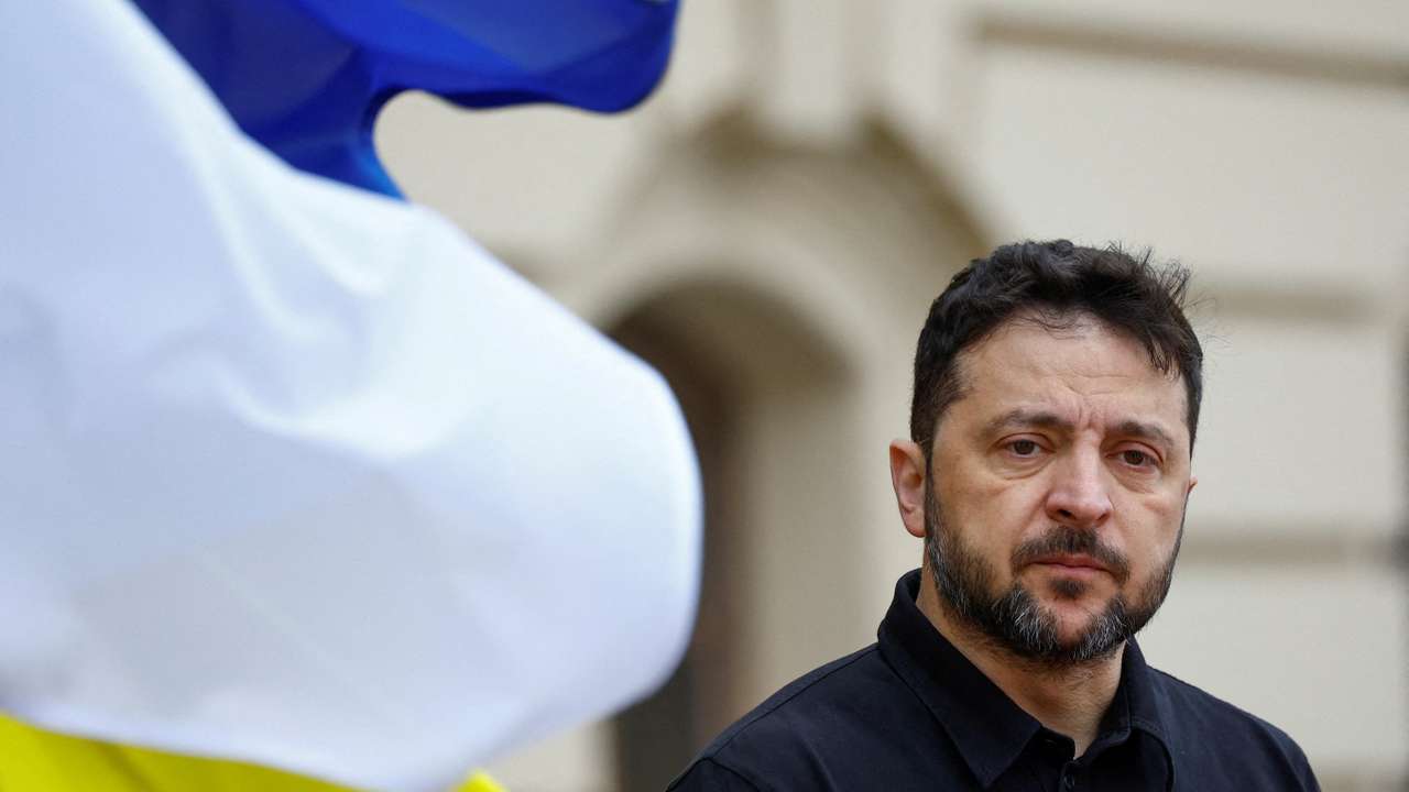 FILE PHOTO: Ukraine's President Zelenskiy waits to welcome Cyprus' President Christodoulides in Kyiv