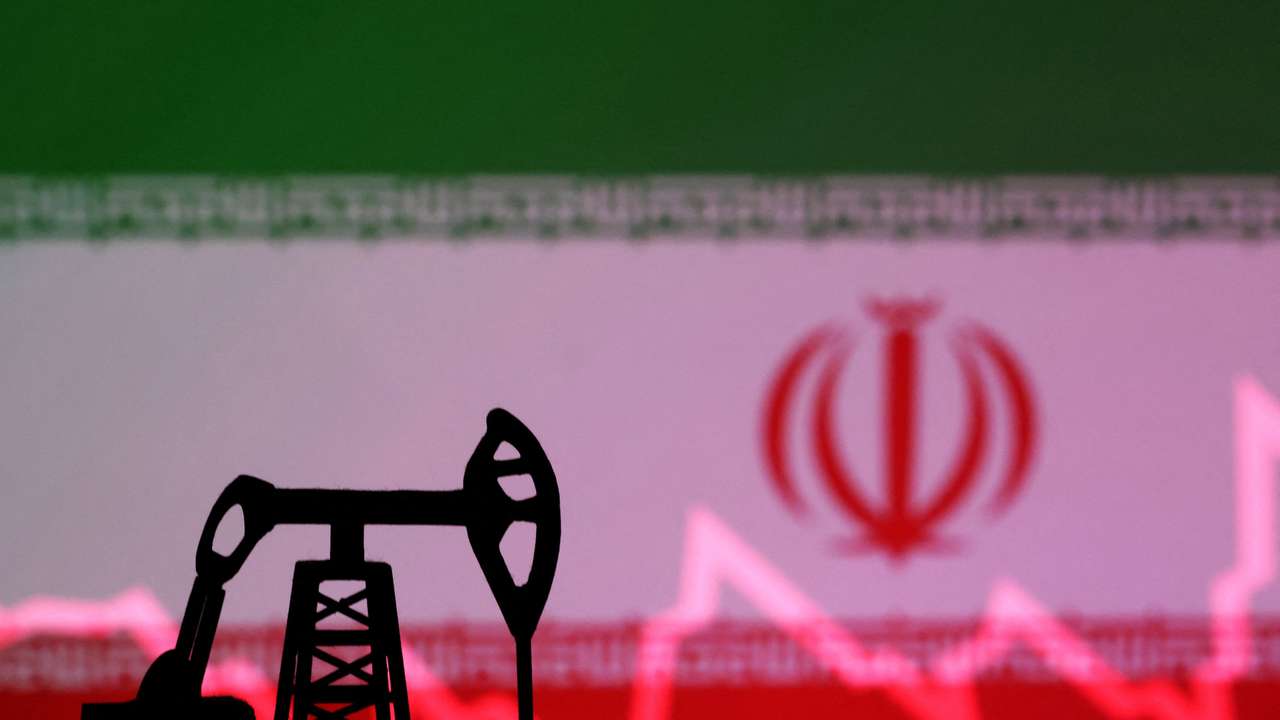 Illustration shows Iran flag, oil pump jack and stock graph