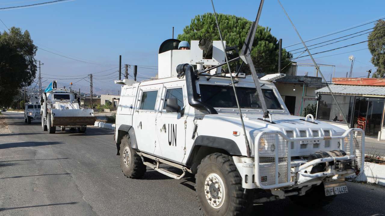 UN peacekeepers (UNIFIL) vehicles drive in Marjayoun
