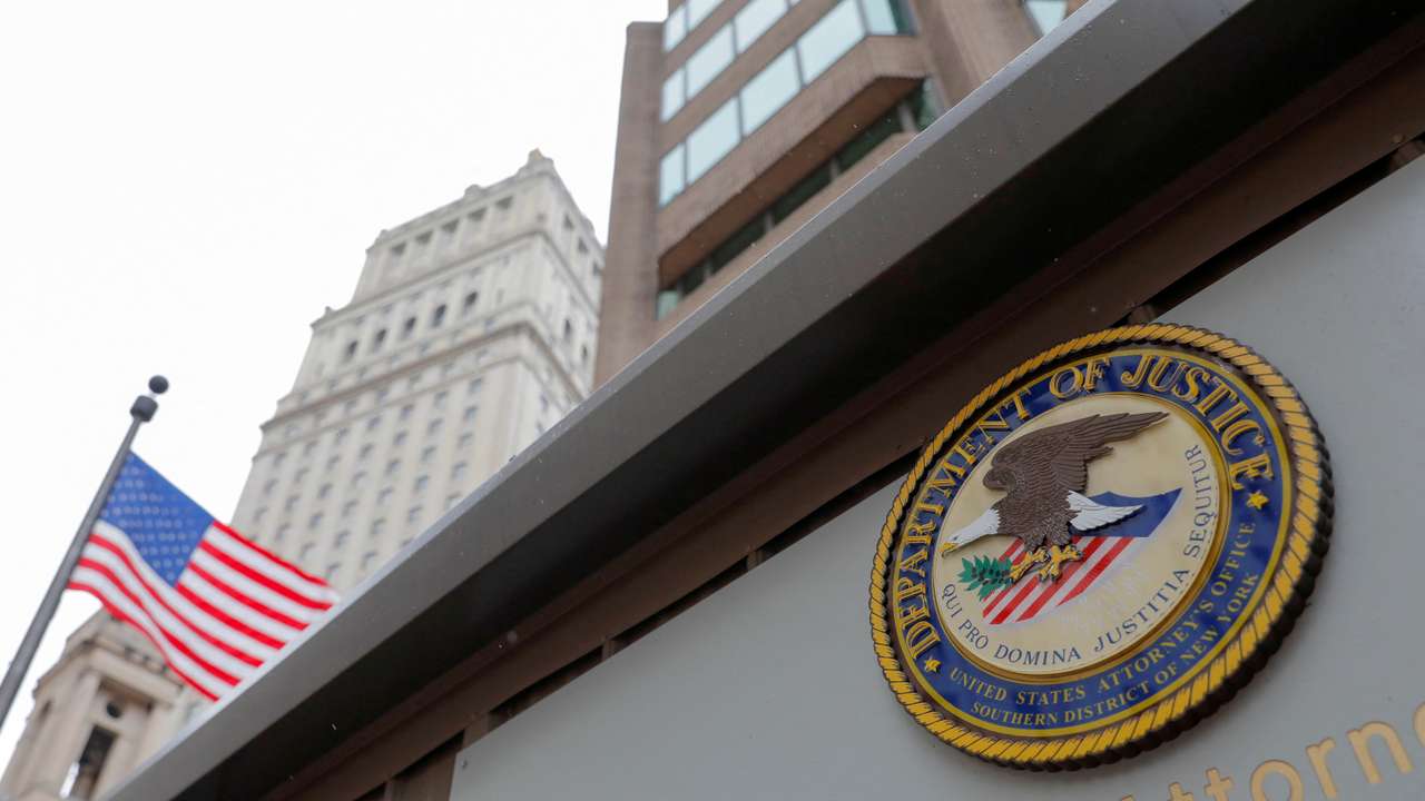 The seal of the United States Department of Justice is seen on the building exterior of the United States Attorney's Office of the Southern District of New York in Manhattan, New York City