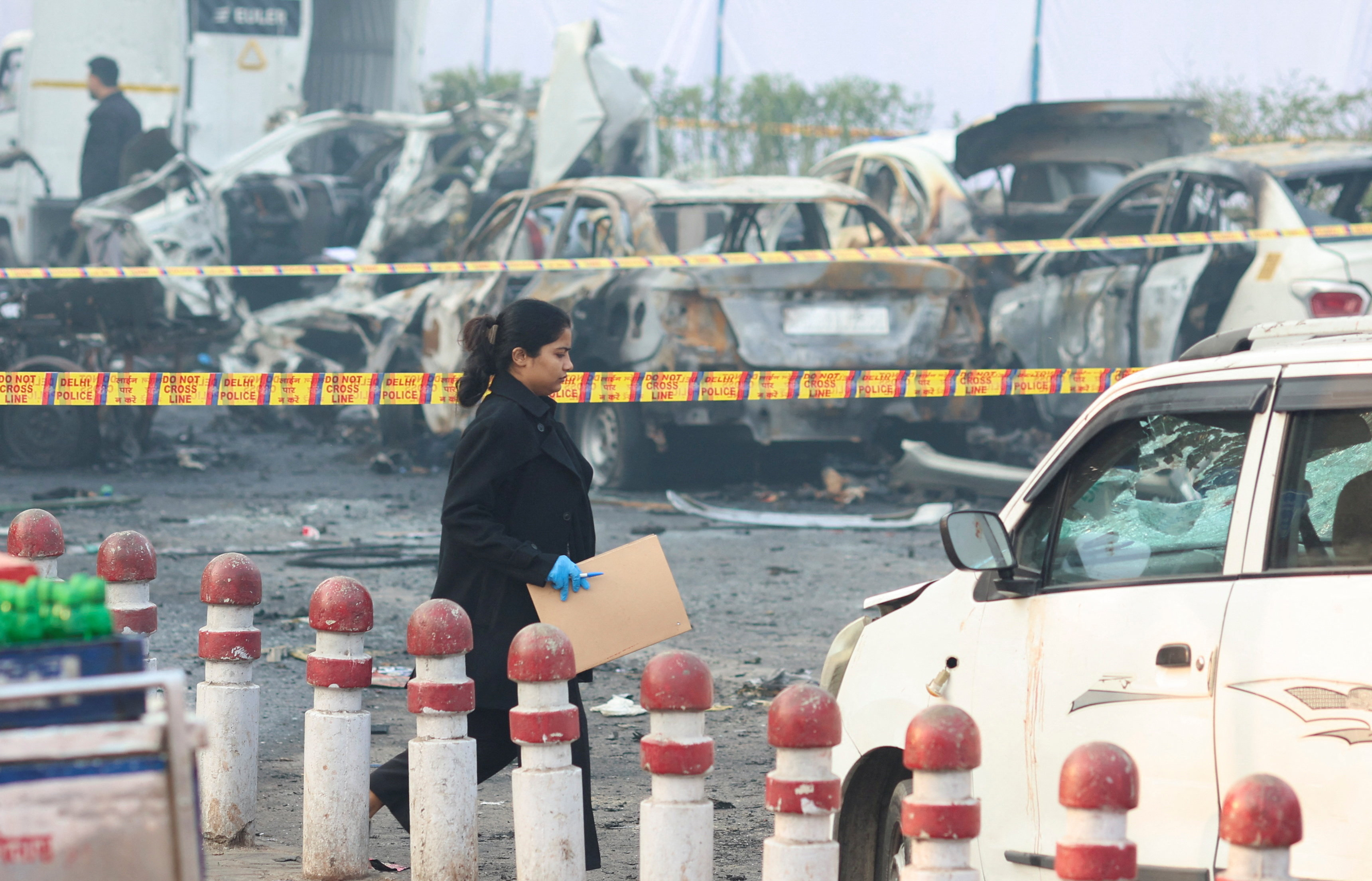 Aftermath of an explosion near the historic Red Fort in the old quarters of Delhi
