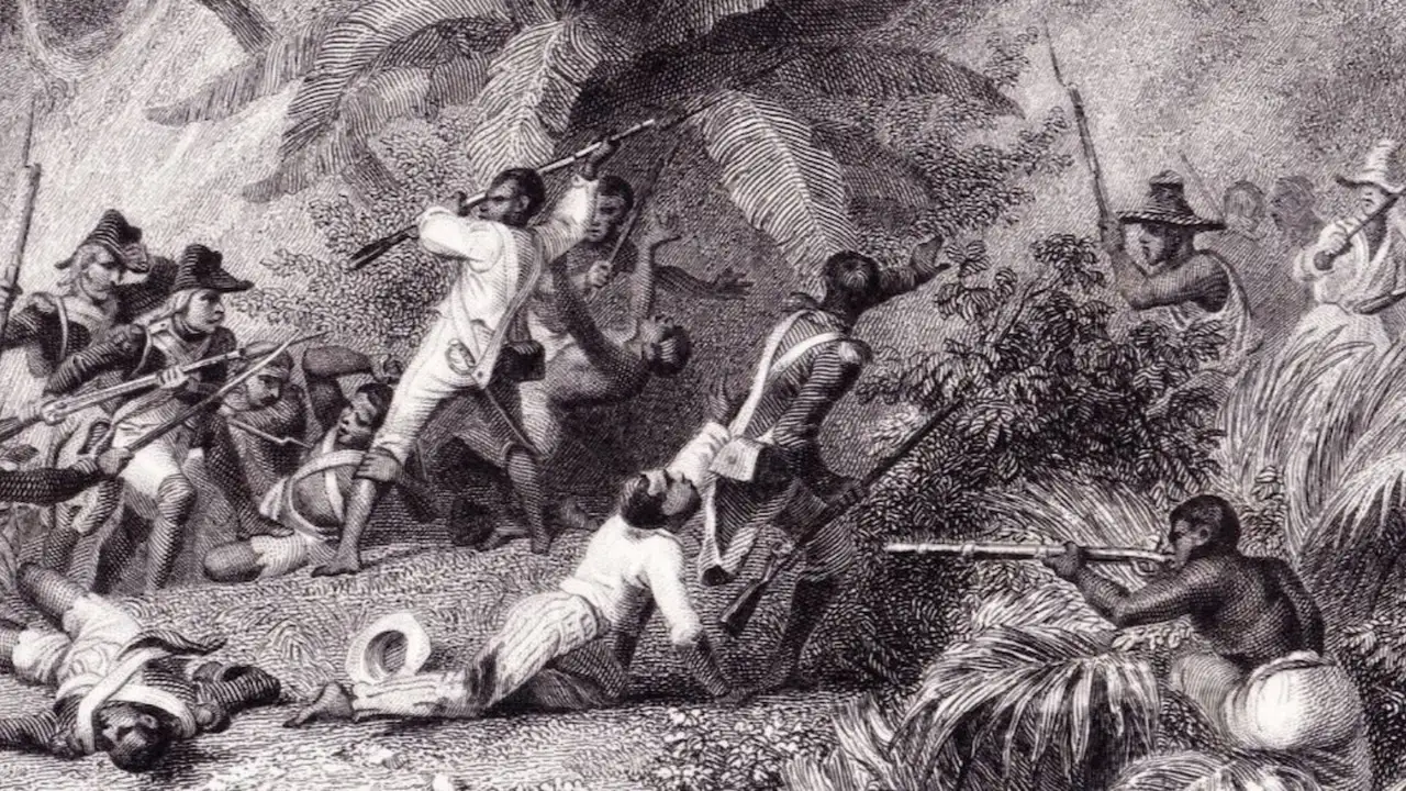 Batalha de Ravine-à-Couleuvres, em 1802, de Karl Girardet (1813–1871) e Jean Outhwaite (1810–1878).