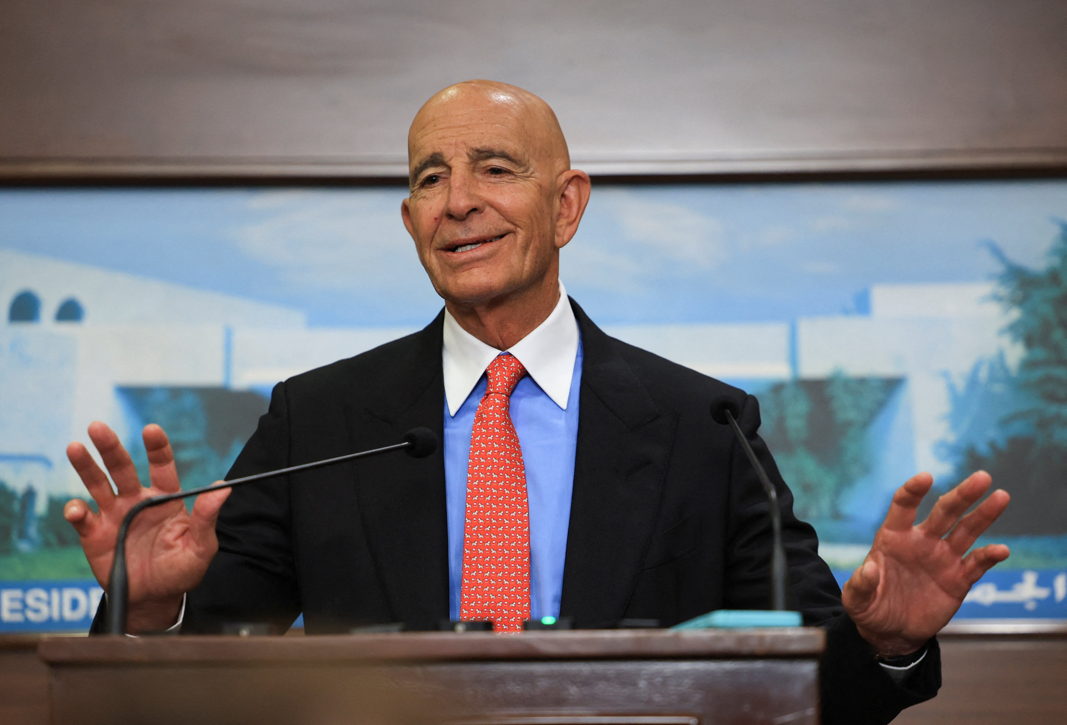 U.S. Ambassador to Turkey and U.S. special envoy for Syria Thomas Barrack speaks after meeting with Lebanese President Joseph Aoun at the presidential palace in Baabda