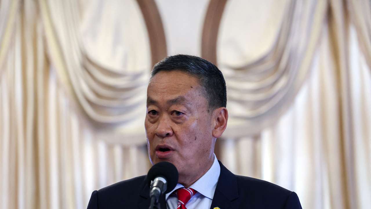 Thailand's Prime Minister Srettha Thavisin speaks to members of media about Thai Foreign Minister Parnpree Bahiddha-Nukara's resignation at the Government House in Bangkok