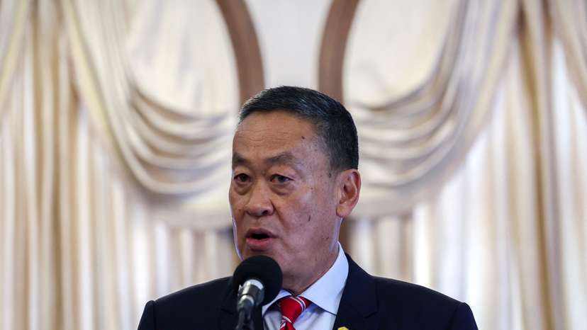Thailand's Prime Minister Srettha Thavisin speaks to members of media about Thai Foreign Minister Parnpree Bahiddha-Nukara's resignation at the Government House in Bangkok