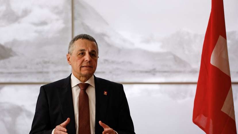 Swiss Foreign Minister Cassis attends a press conference, at the Swiss Embassy in Beijing