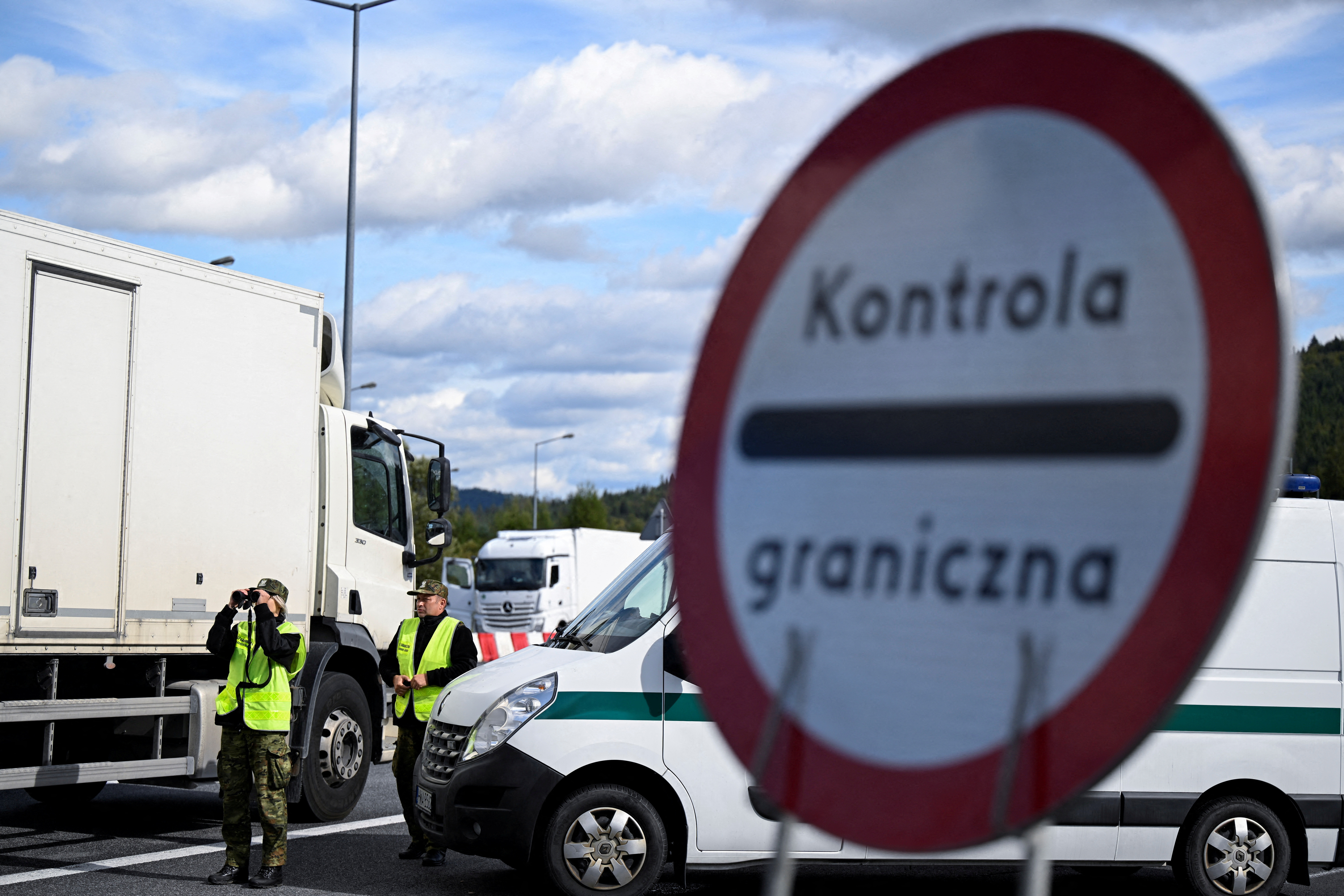 FILE PHOTO: Border guards patrol during vehicle checks at the Slovak-Polish border in Zwardon