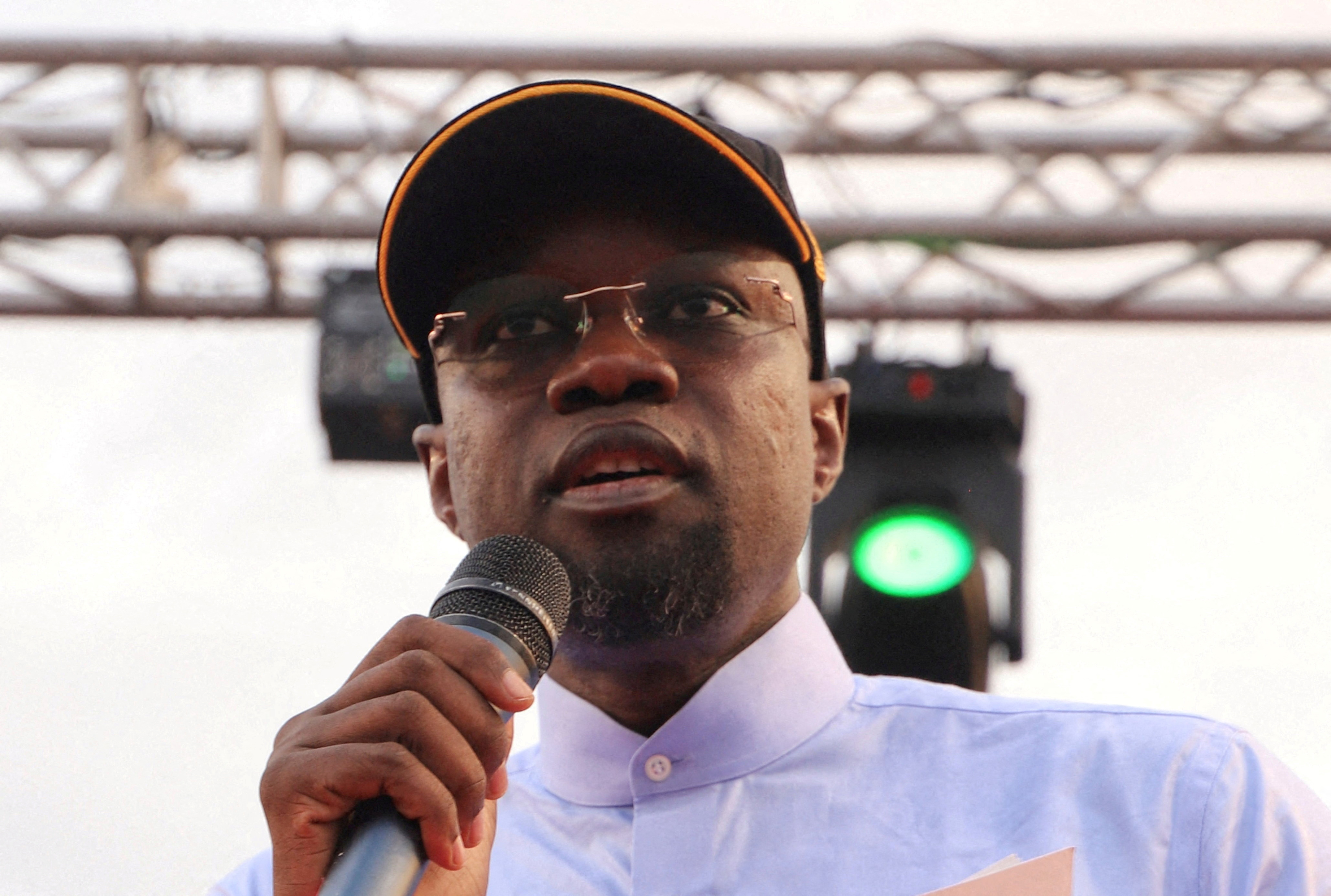FILE PHOTO: Senegal's Prime Minister Ousmane Sonko holds a rally in capital Dakar.