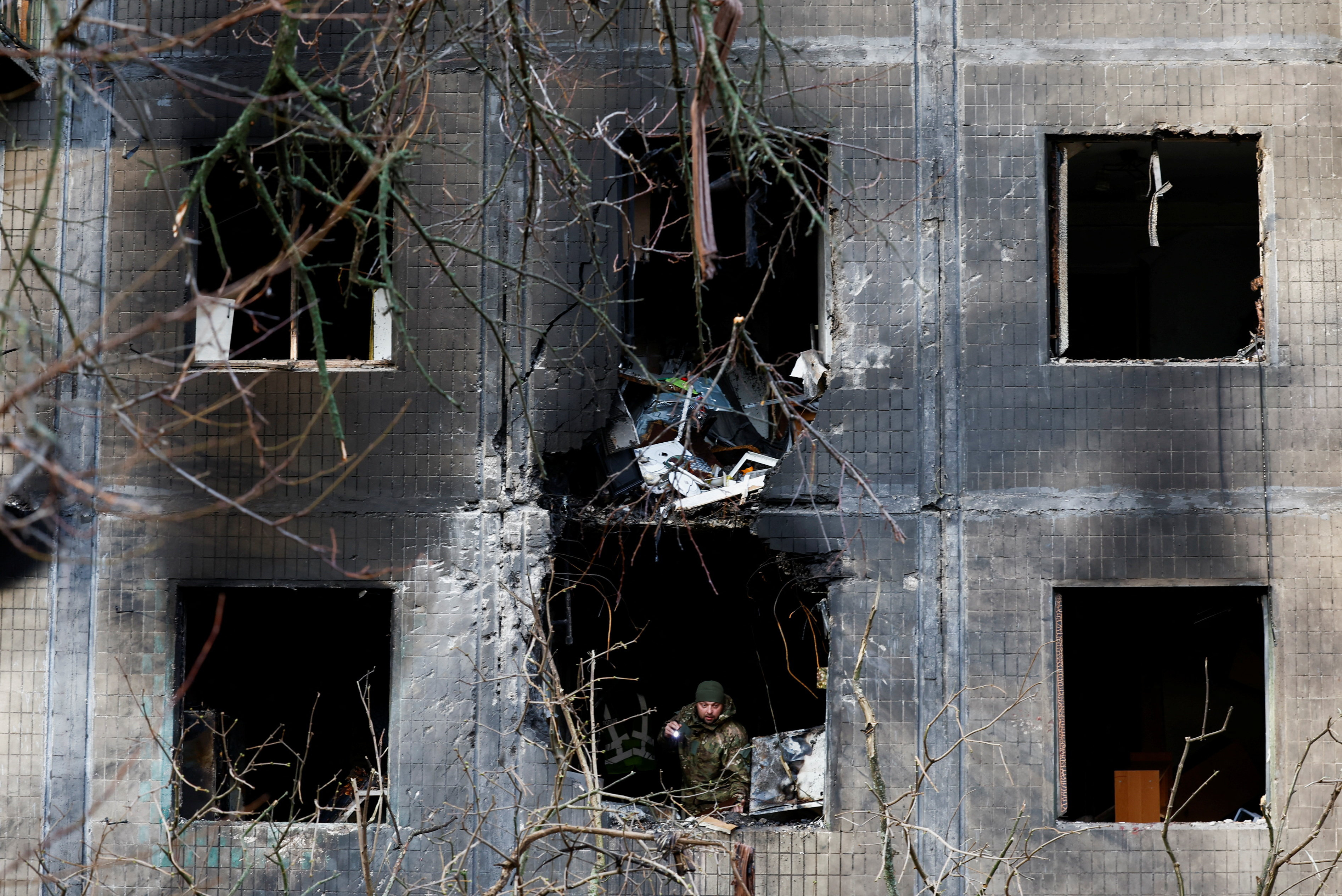 Aftermath of an overnight Russian drone and missile strike in Kyiv