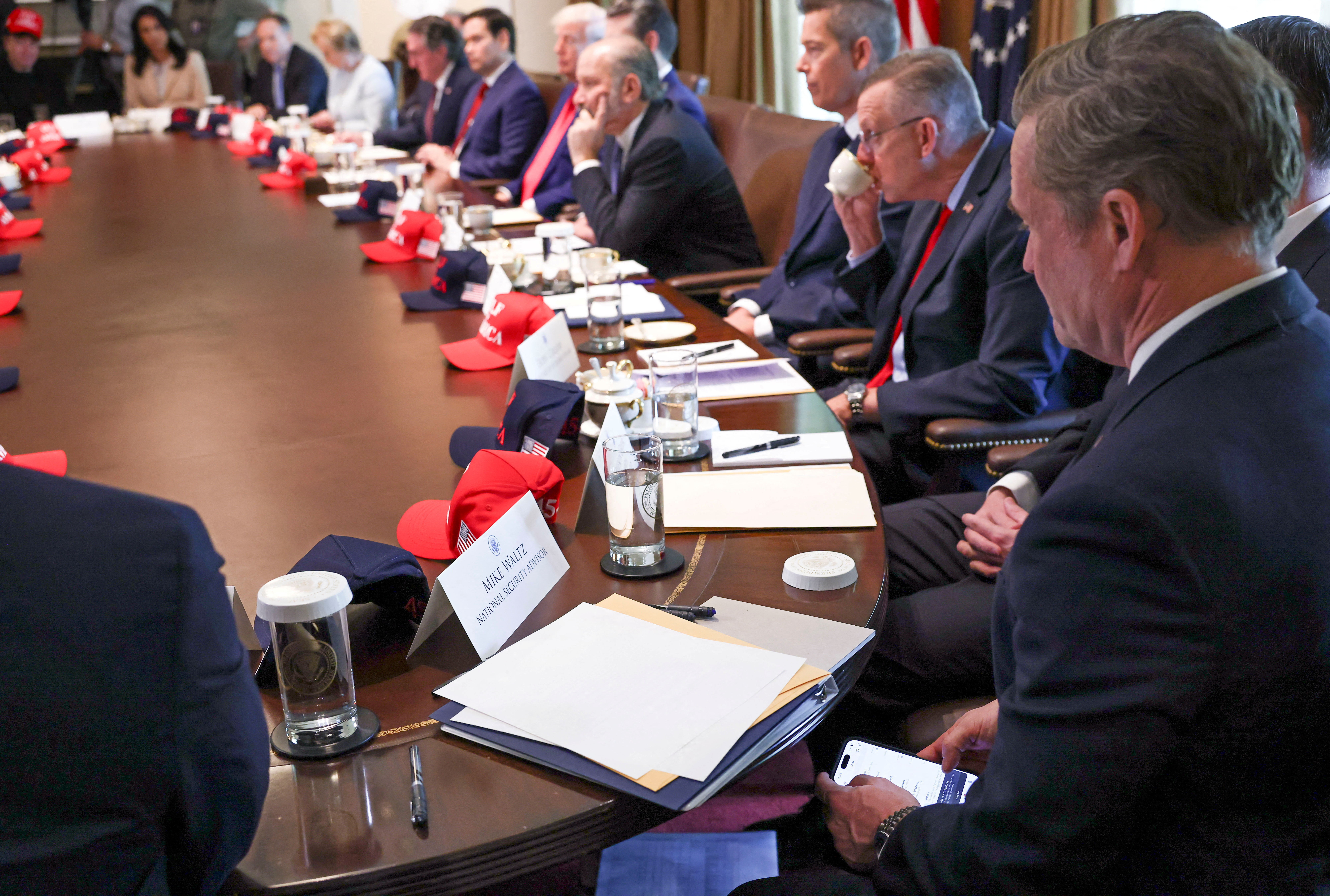 U.S. National Security Advisor Mike Waltz attends a cabinet meeting held by President Trump at the White House in Washington