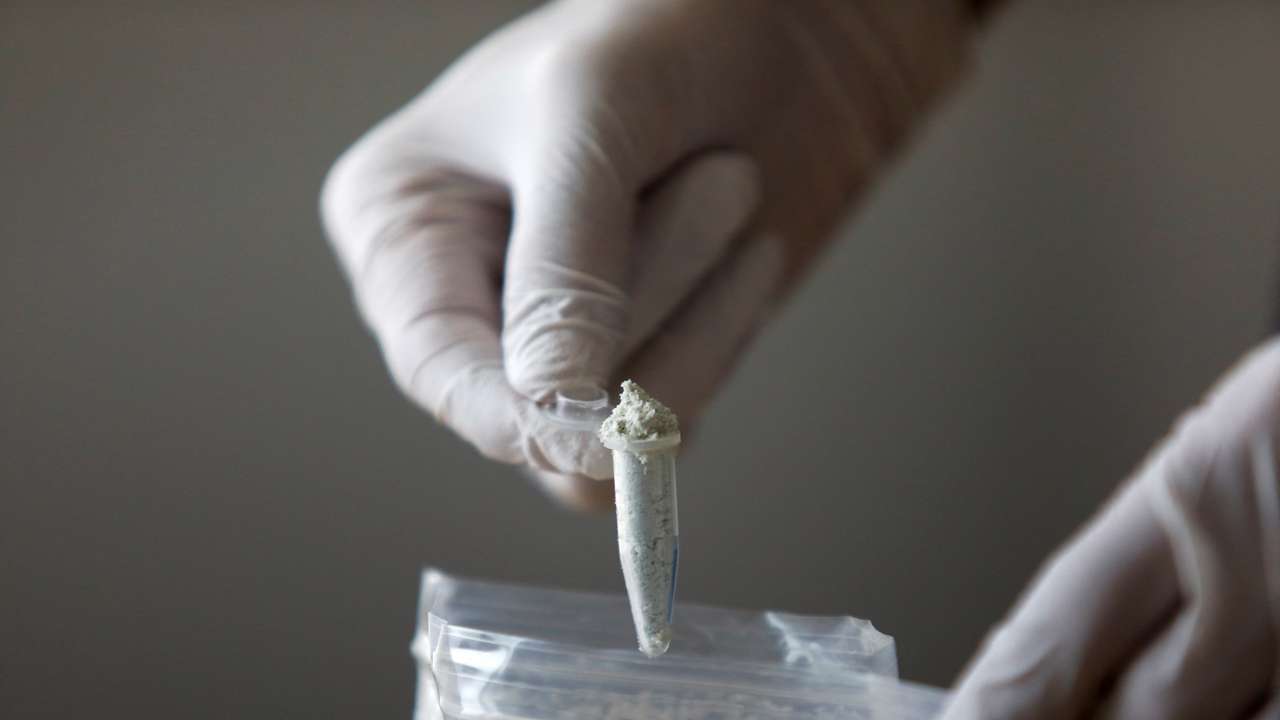 Reuters journalist Stephen Eisenhammer displays fentanyl precursors at Reuters' office, in Mexico City