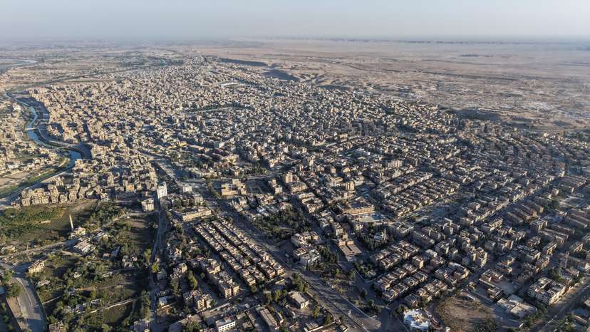A drone view shows a general panorama of Deir el-Zor