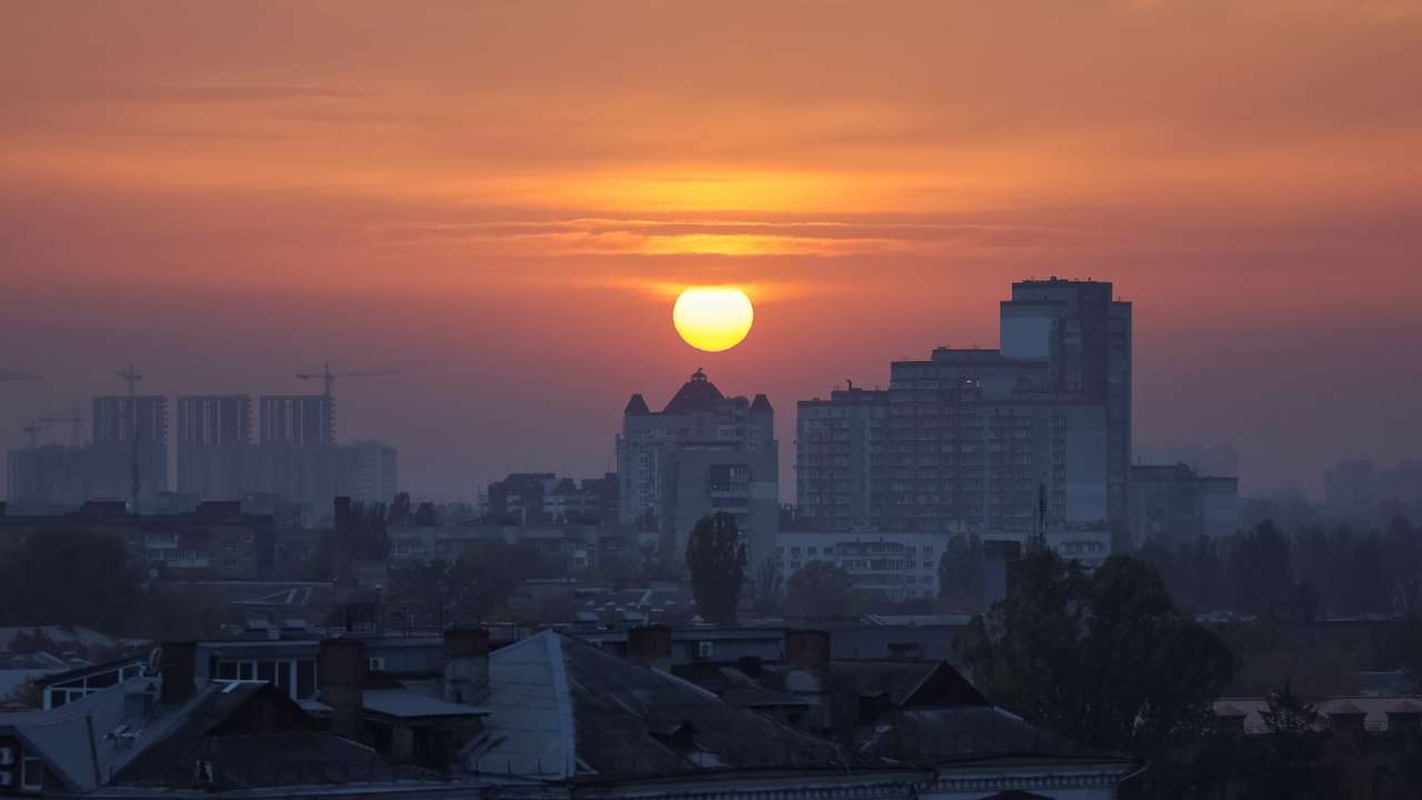 A view of the city at sunset in Kyiv