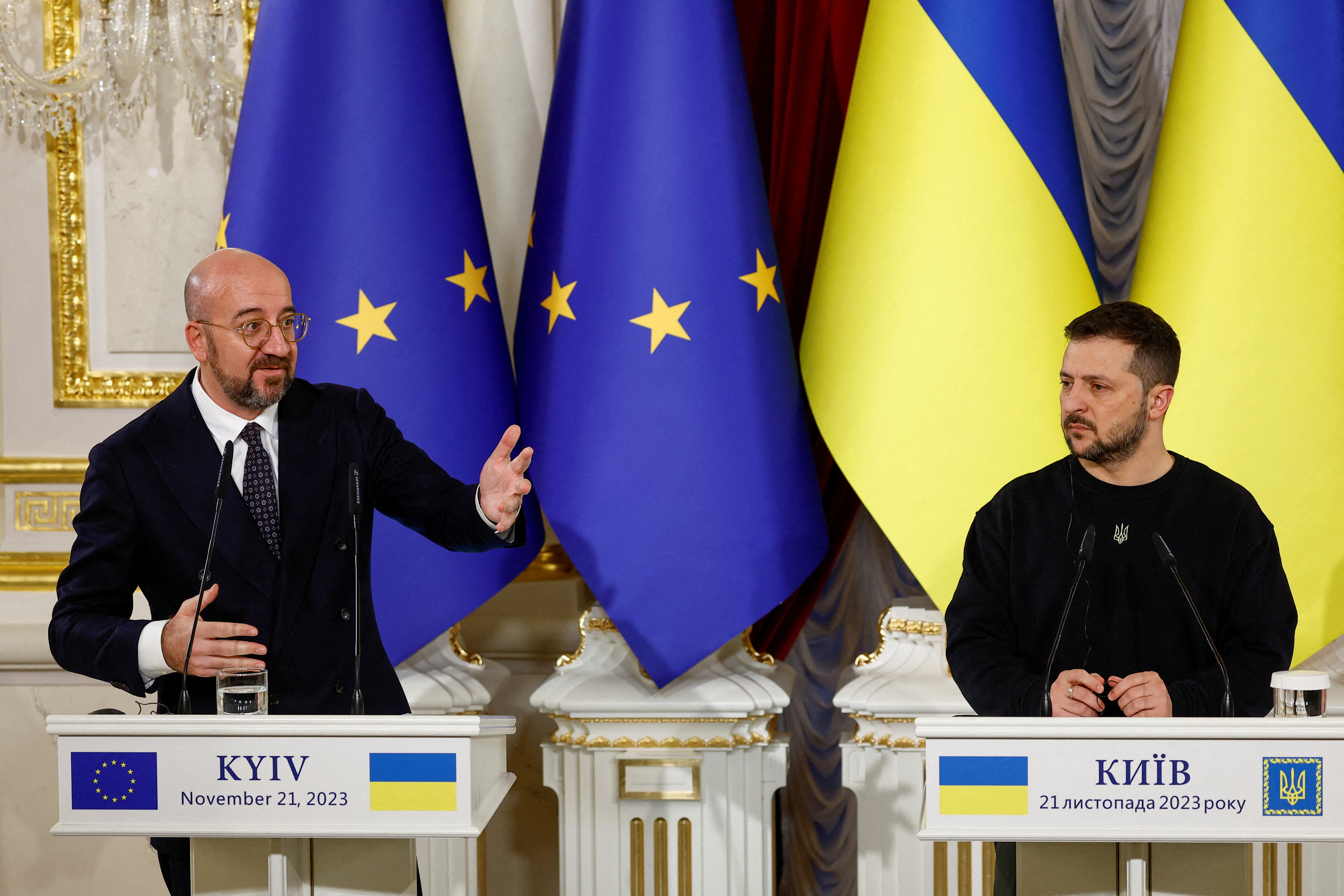 FILE PHOTO: Ukraine's President Zelenskiy, Moldova's President Sandu and President of the European Council Michel attend a joint press conference in Kyiv