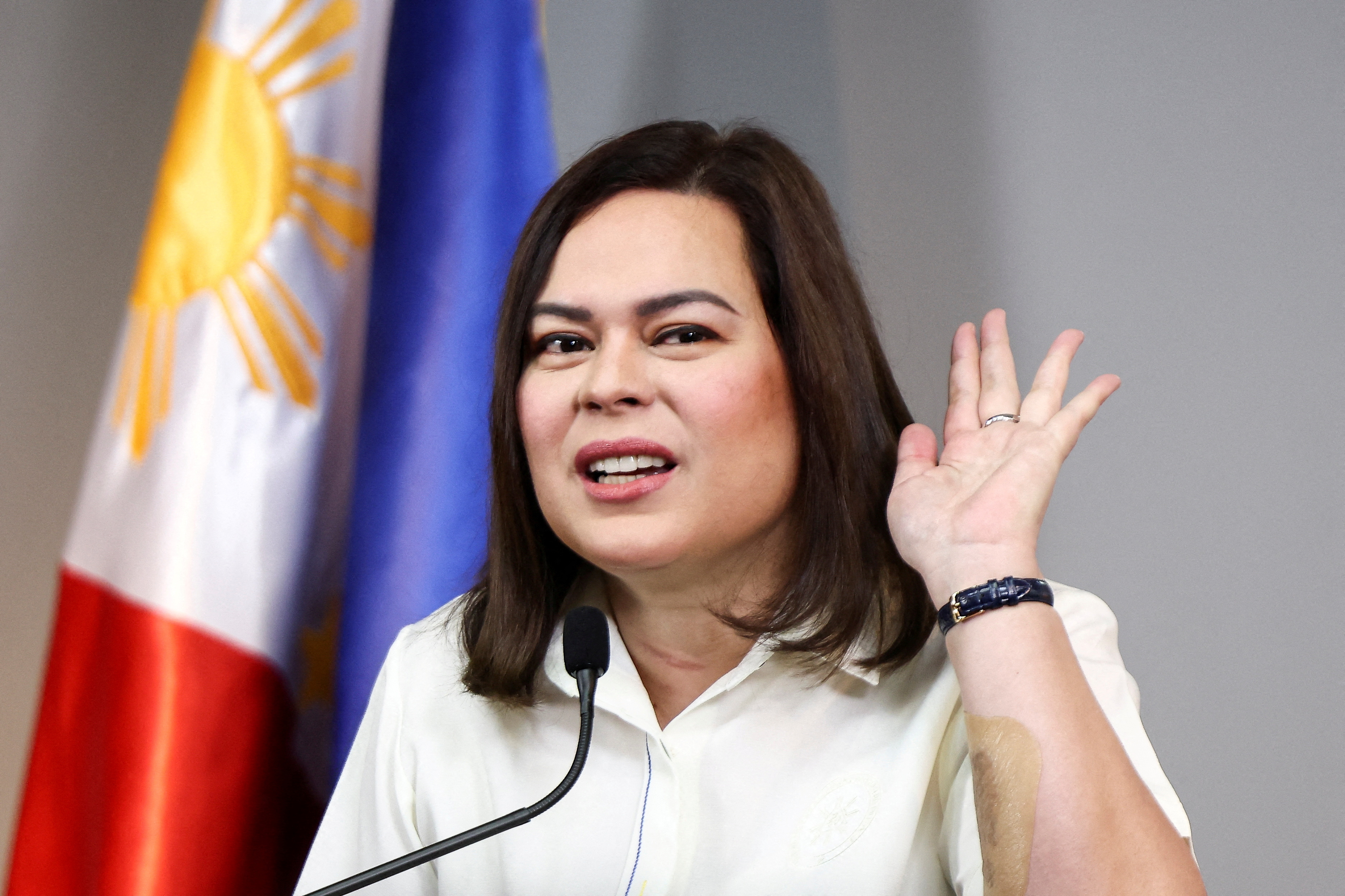 FILE PHOTO: Philippine Vice President Sara Duterte delivers a statement following her impeachment by the lower house of the Congress