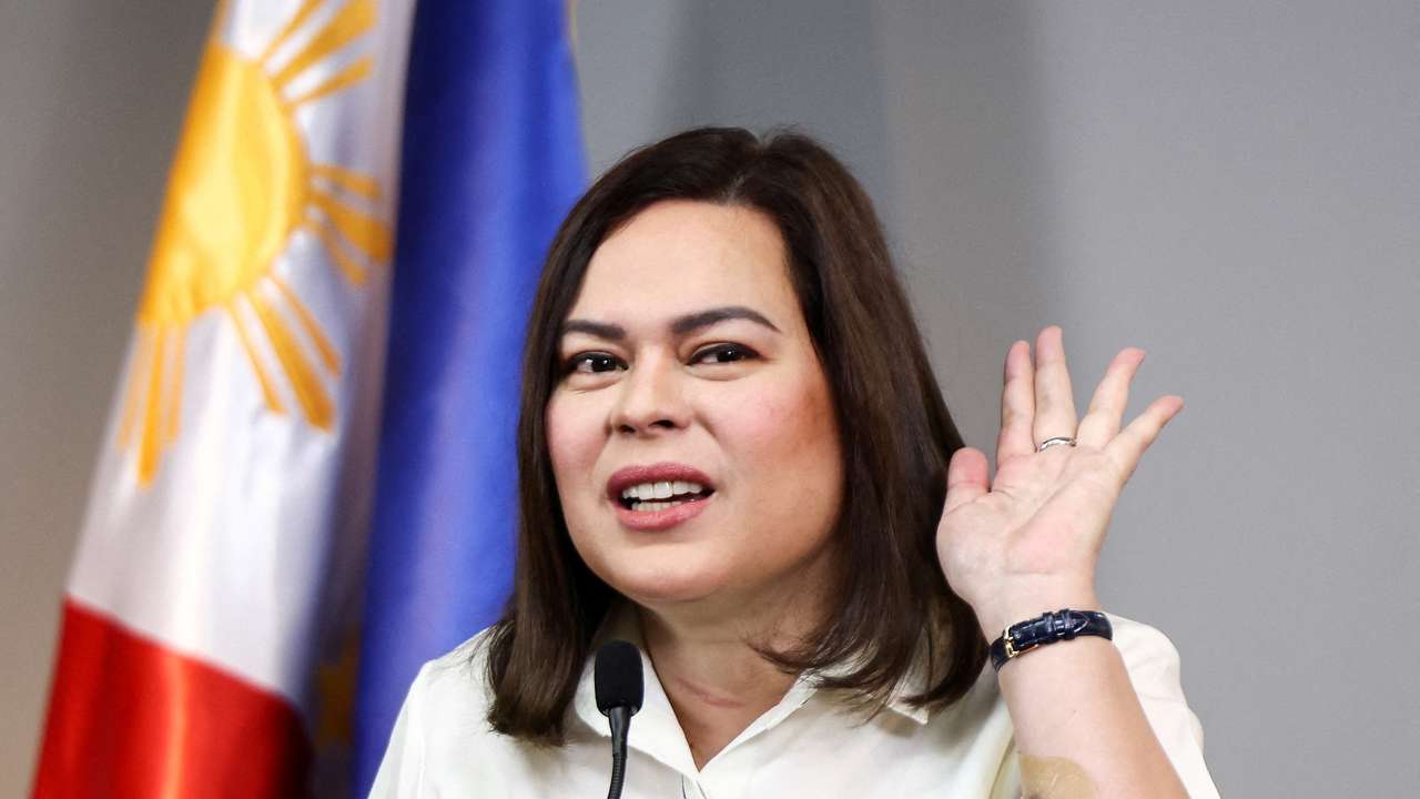 FILE PHOTO: Philippine Vice President Sara Duterte delivers a statement following her impeachment by the lower house of the Congress