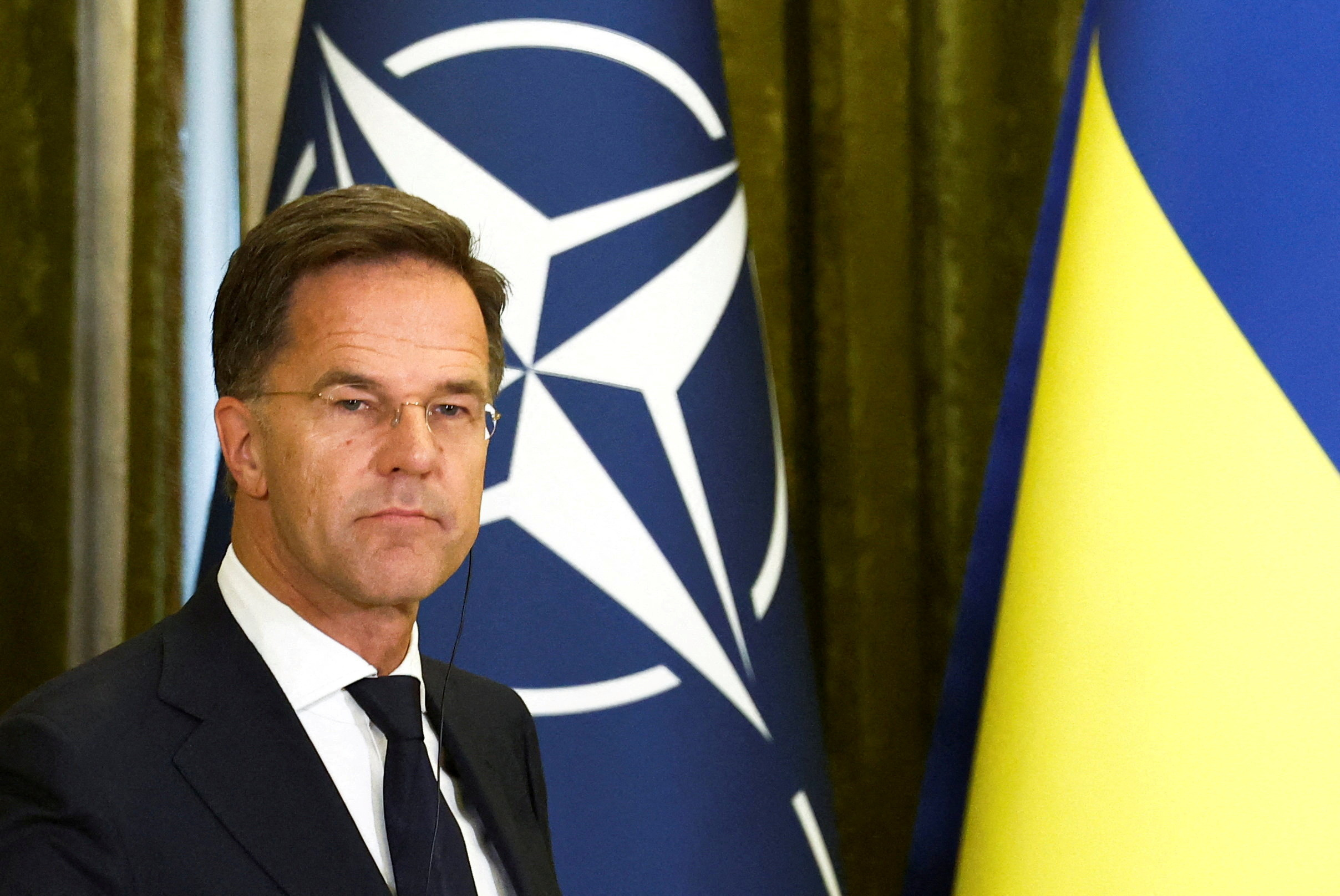 FILE PHOTO: Ukrainian President Zelenskiy and NATO Secretary General Rutte speak at a press conference, in Kyiv