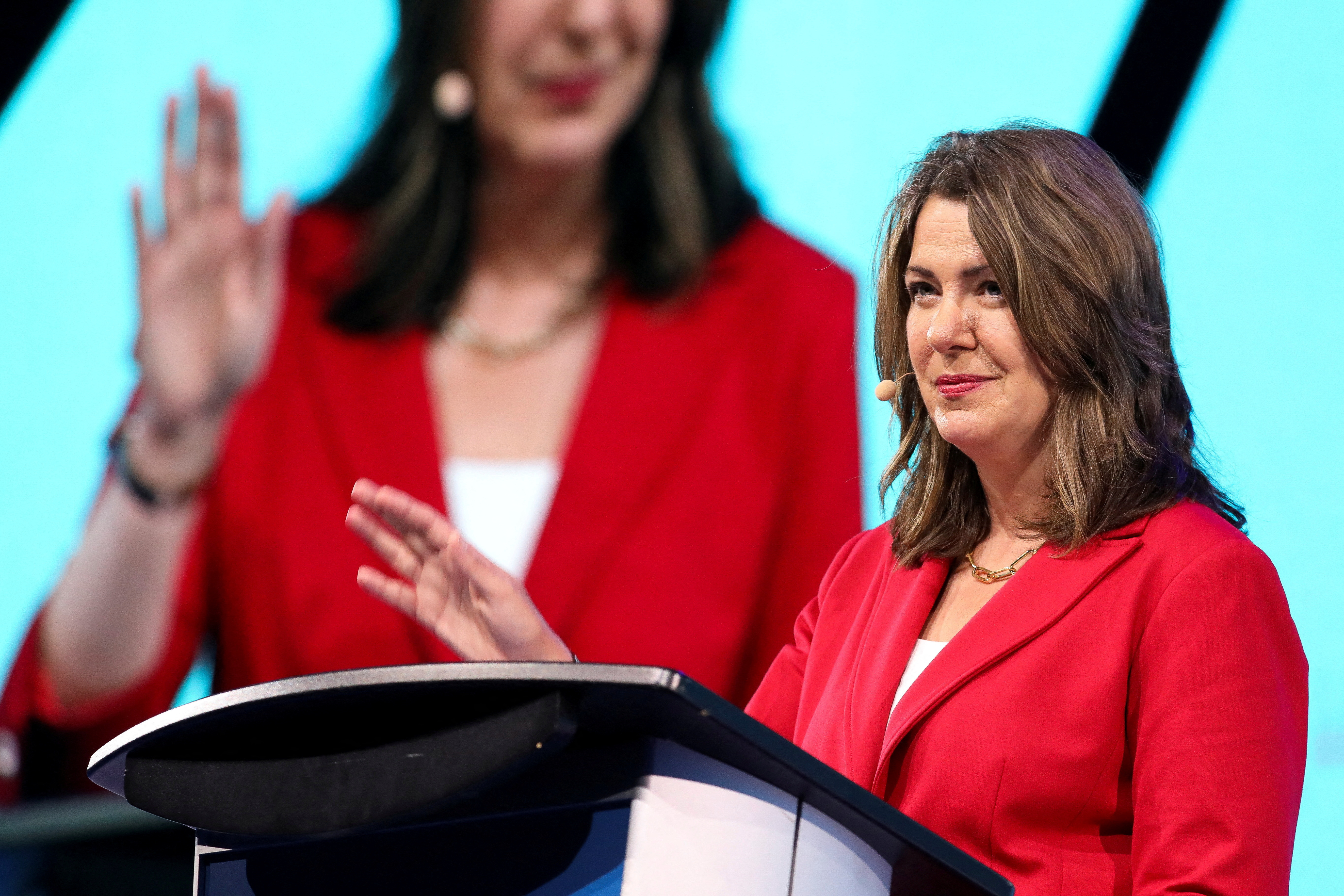 FILE PHOTO: Alberta's Premier Danielle Smith makes a keynote speech at the LNG 2023 energy conference in Vancouver
