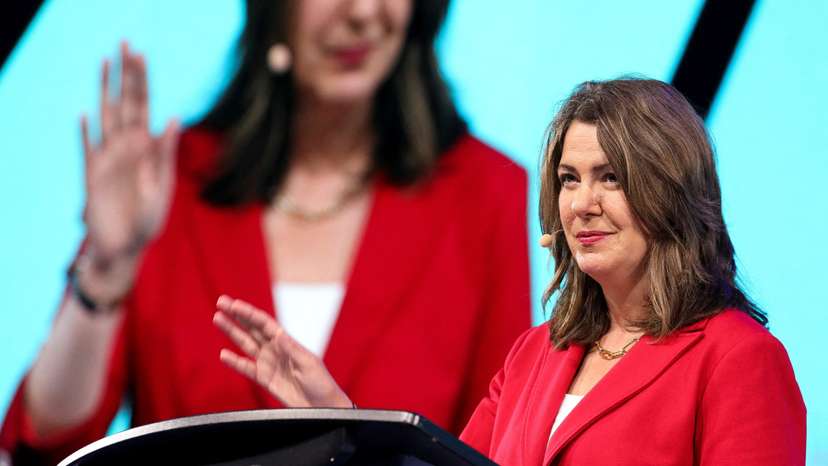 FILE PHOTO: Alberta's Premier Danielle Smith makes a keynote speech at the LNG 2023 energy conference in Vancouver