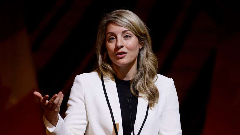 FILE PHOTO: Canada's Minister of Foreign Affairs Melanie Joly speaks during a reception honouring the visit of the Chairperson of the African Union Commission Moussa Faki Mahamat in Gatineau, Quebec