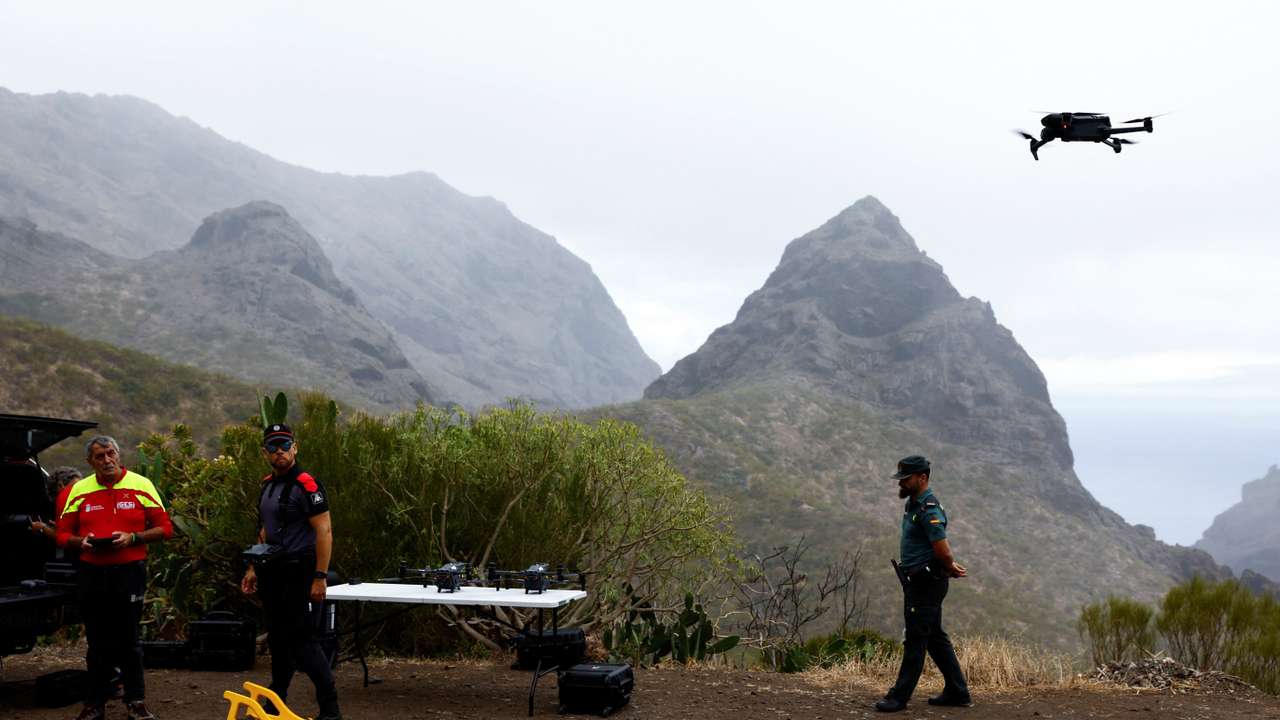 Members of the Emergency and Rescue Group, GES, of the Government of the Canary Islands carry out a search operation with drones for the young British man Jay Slater in the Los Carrizales ravine