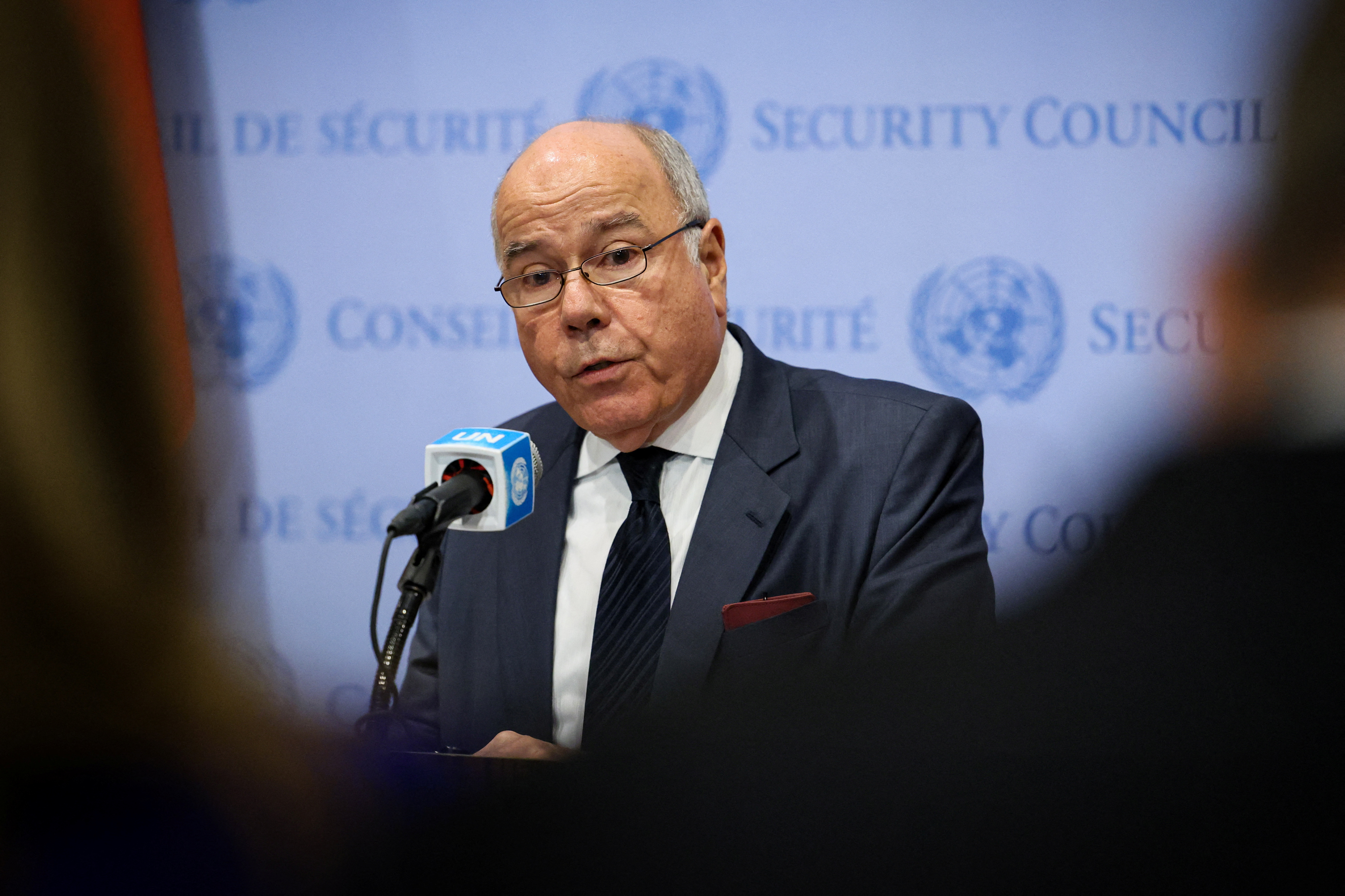 Brazil's Foreign Minister Mauro Vieira speaks to members of the media at the United Nations Headquarters in New York