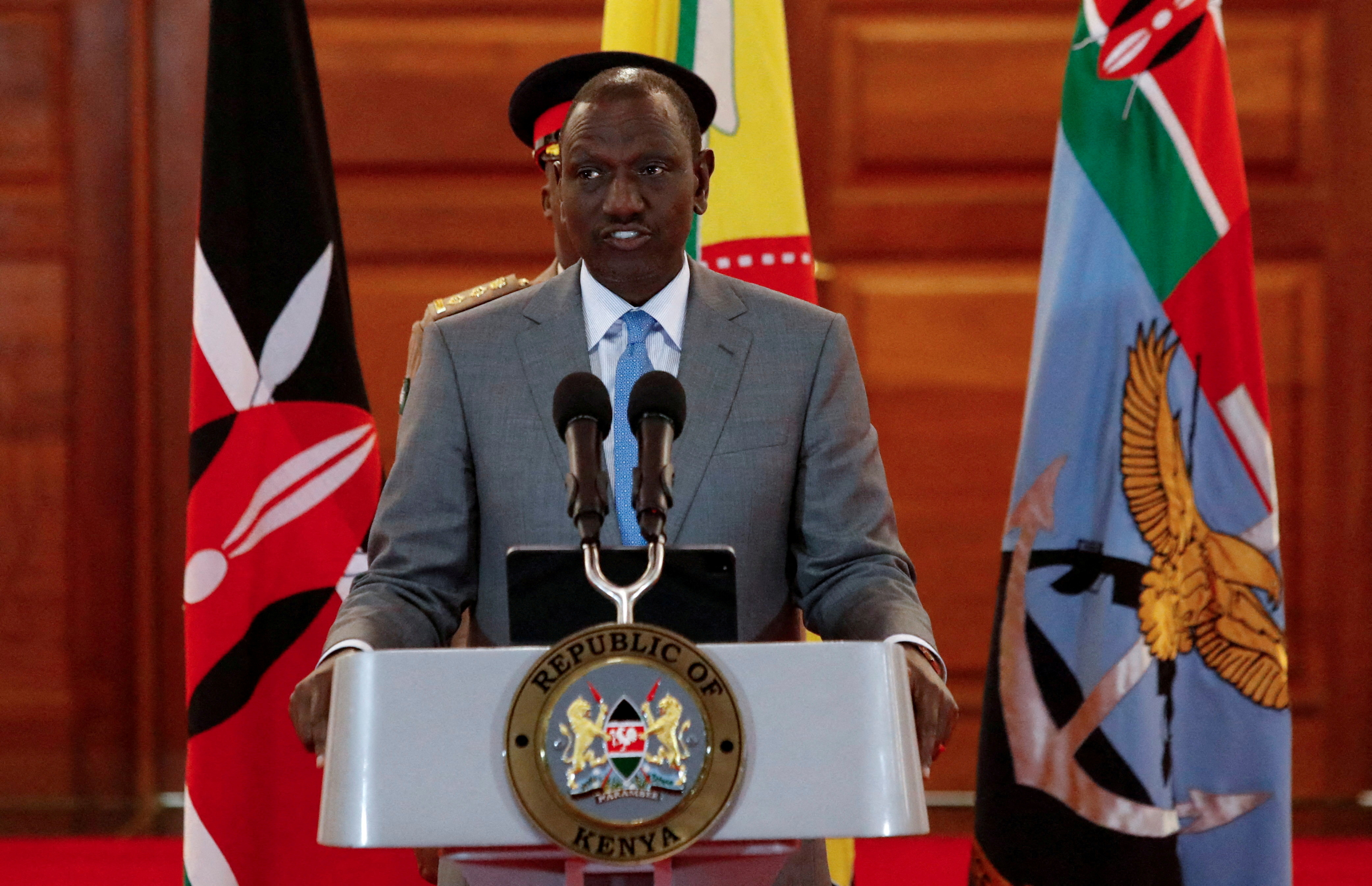 FILE PHOTO: Kenya's President William Ruto speaks at a press conference in Nairobi