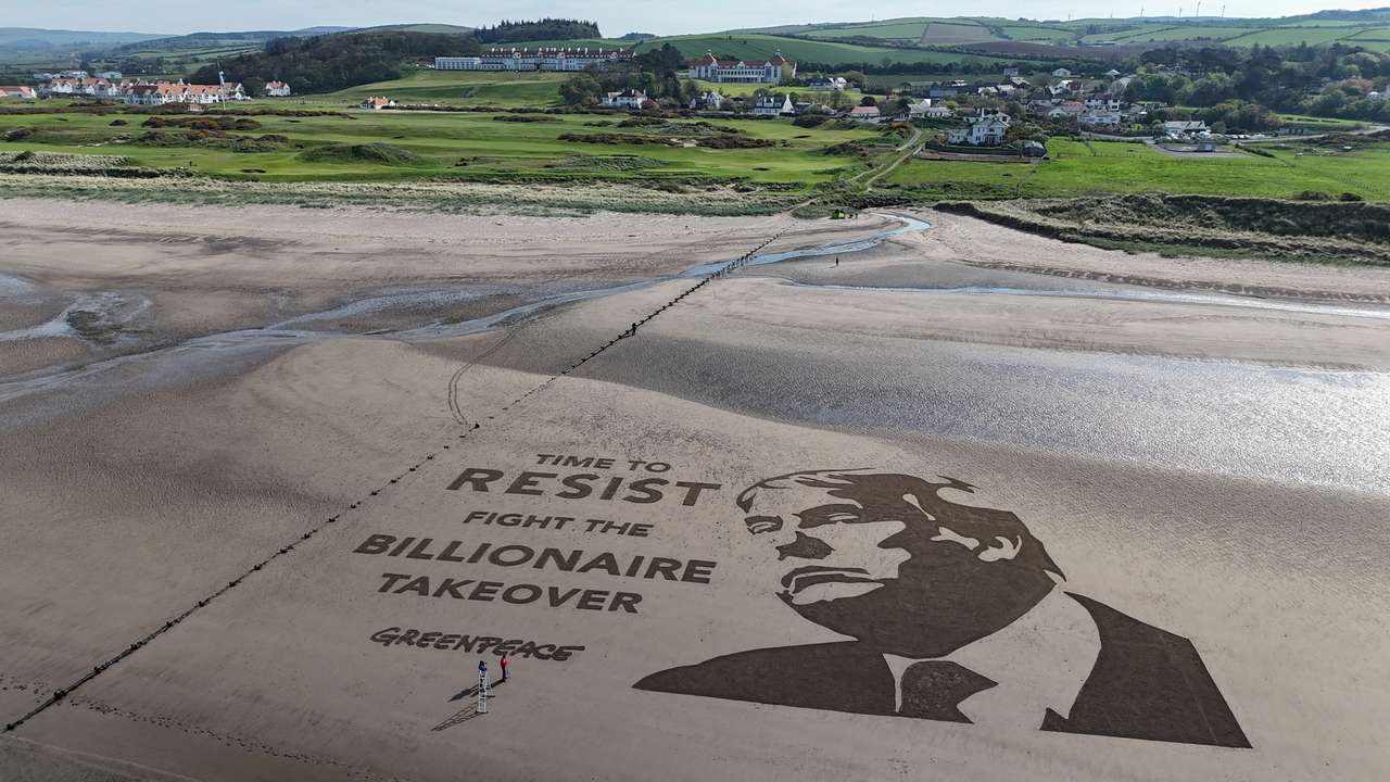 Huge protest artwork appears by Trump's Scottish golf course