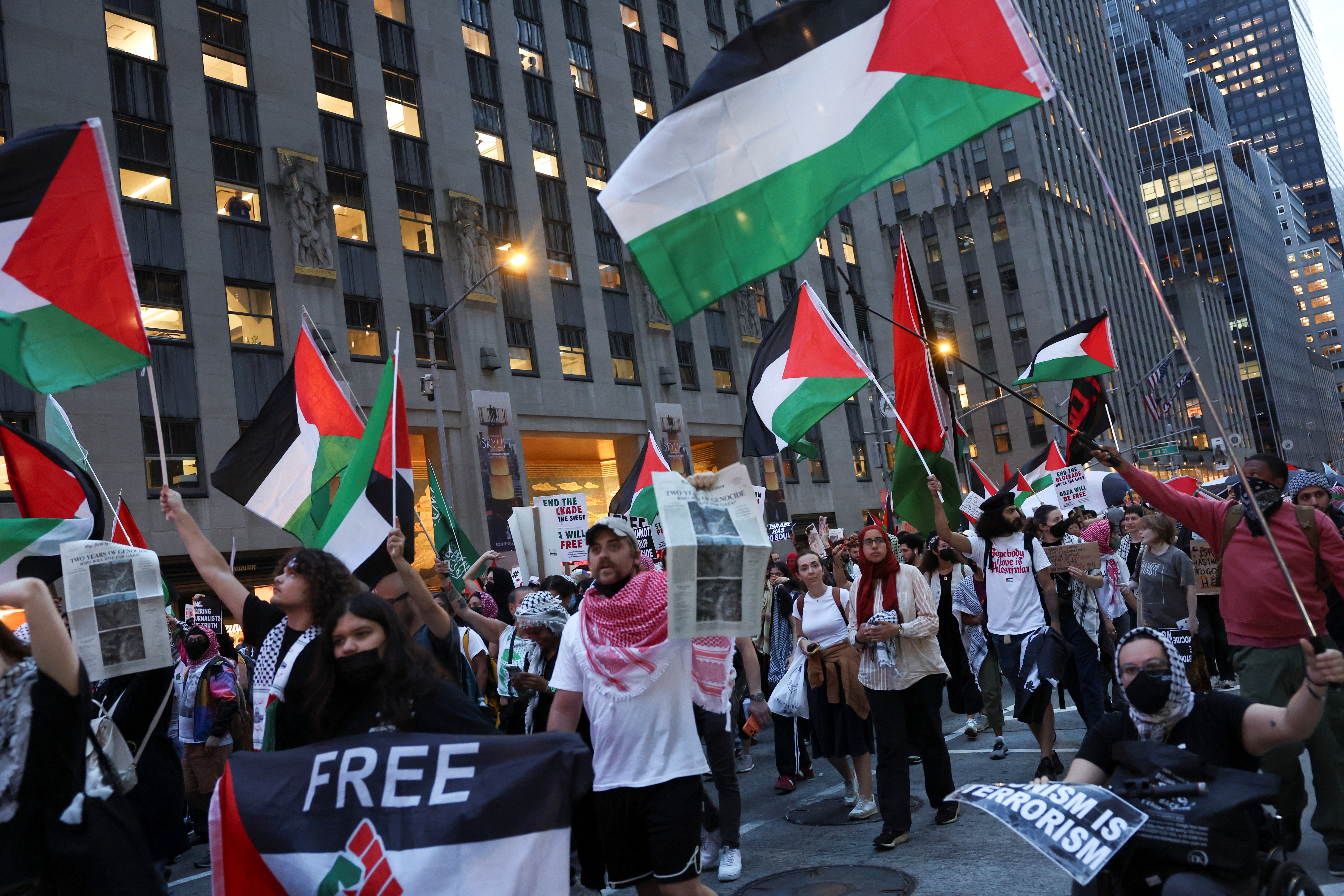 Demonstrators attend a pro-Palestinian protest on the day of the two-year anniversary of the attack on Israel by Hamas, in New York City