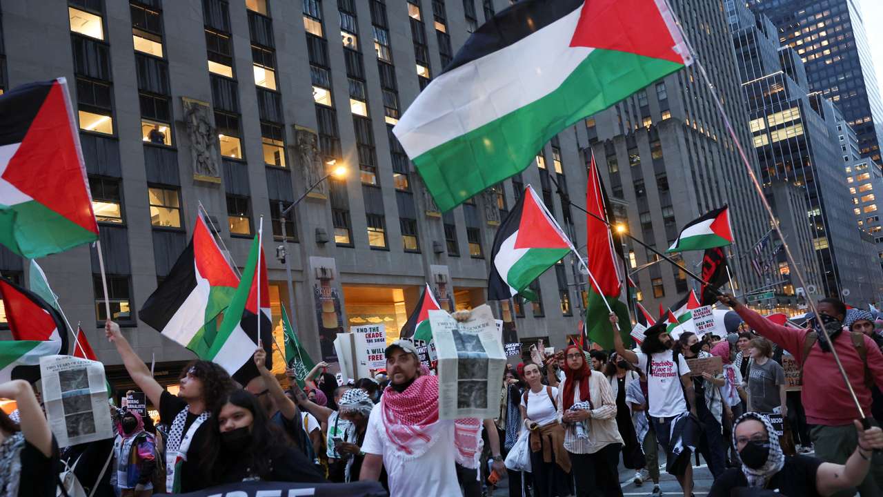 Demonstrators attend a pro-Palestinian protest on the day of the two-year anniversary of the attack on Israel by Hamas, in New York City