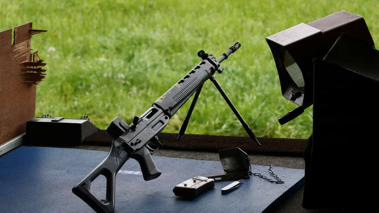 A FAS 90 rifle of the Swiss army is pictured during a competition in Romont