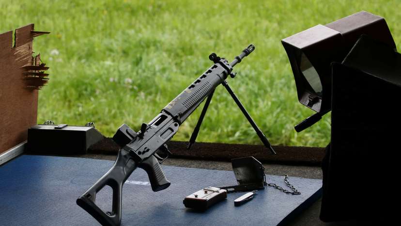 A FAS 90 rifle of the Swiss army is pictured during a competition in Romont
