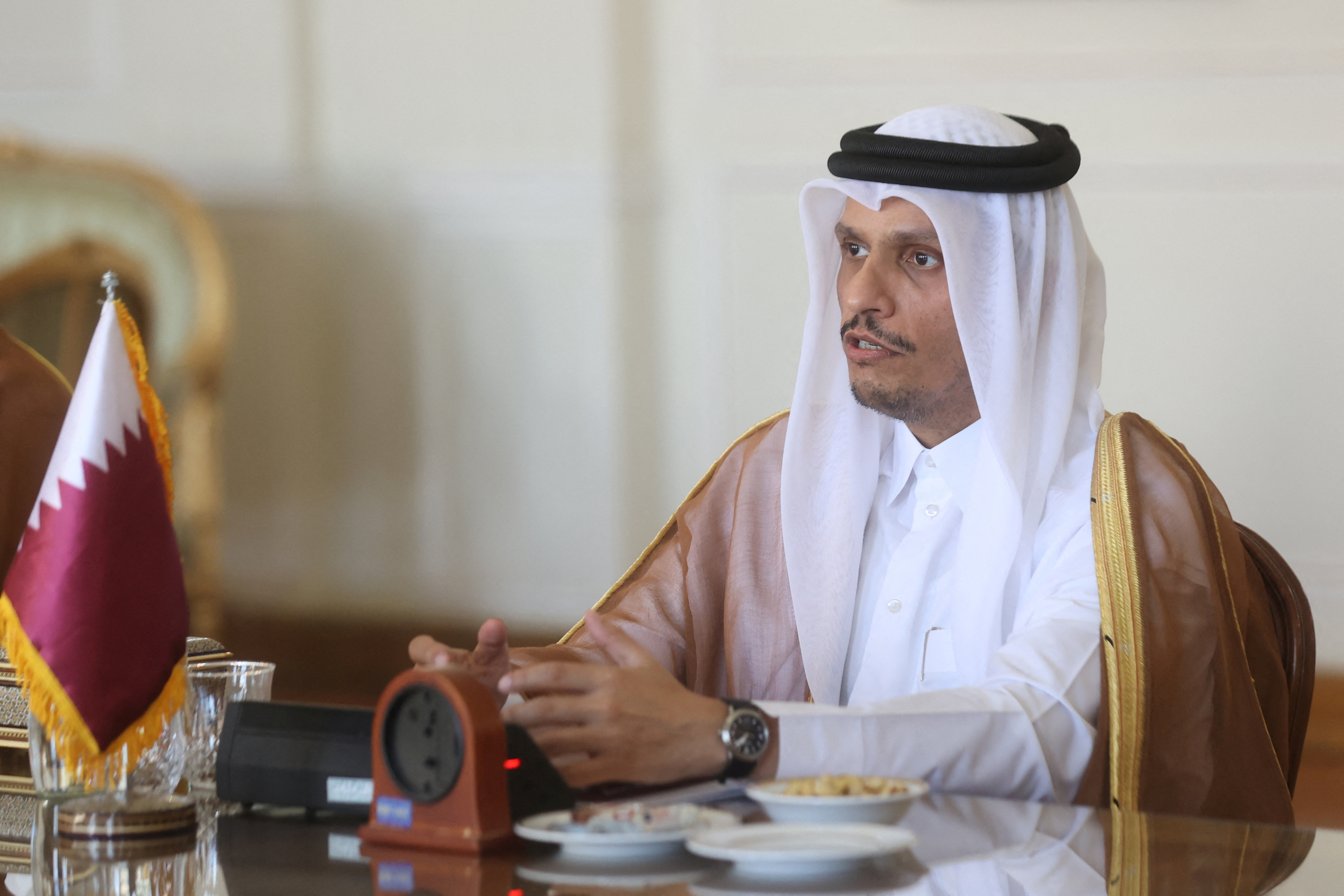 FILE PHOTO: Qatar's Prime Minister and Foreign Minister Sheikh Mohammed bin Abdulrahman Al Thani meets Iran's Foreign Minister Abbas Araghchi, in Tehran
