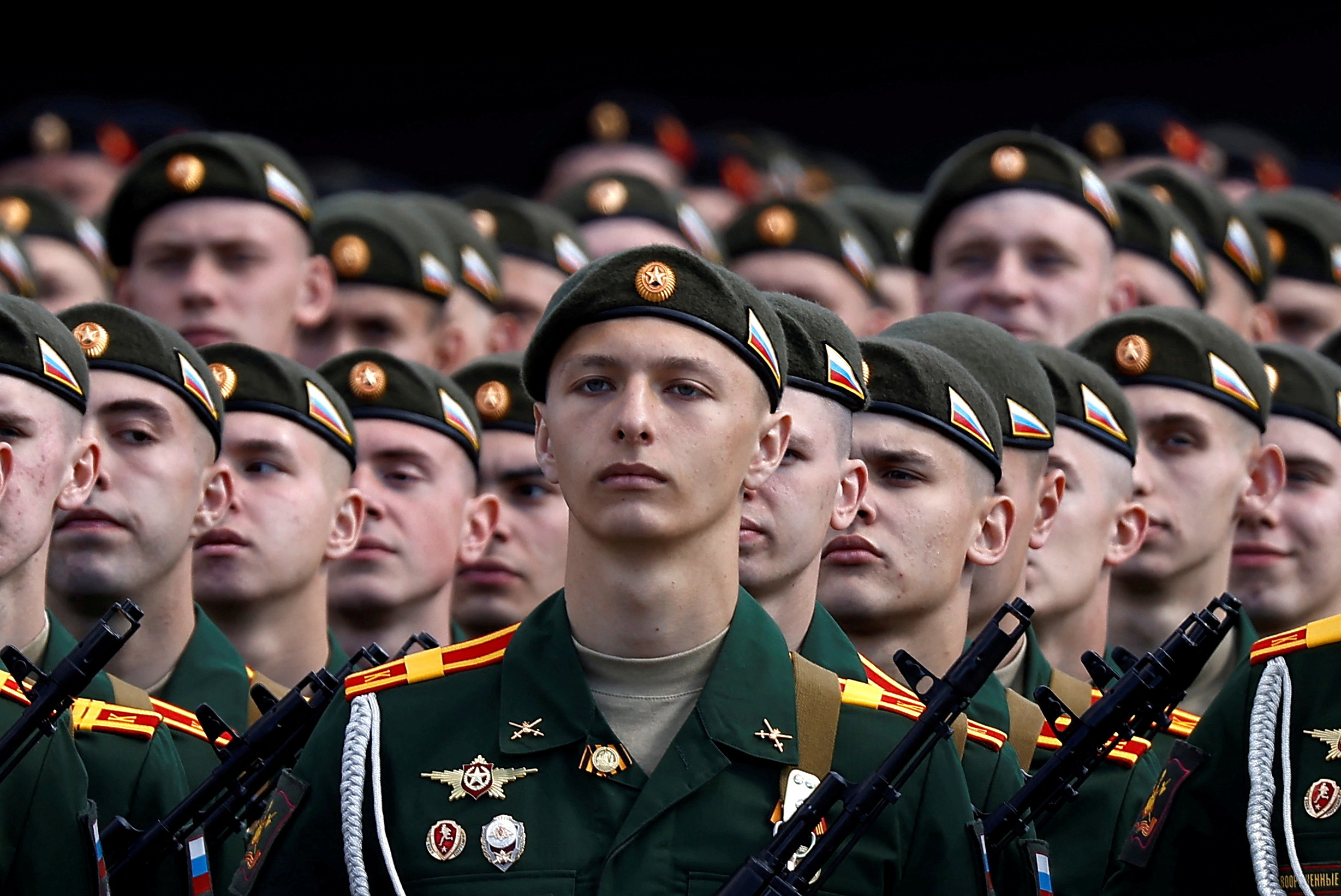 FILE PHOTO: Russian servicemen line up during a rehearsal for the Victory Day military parade in Moscow